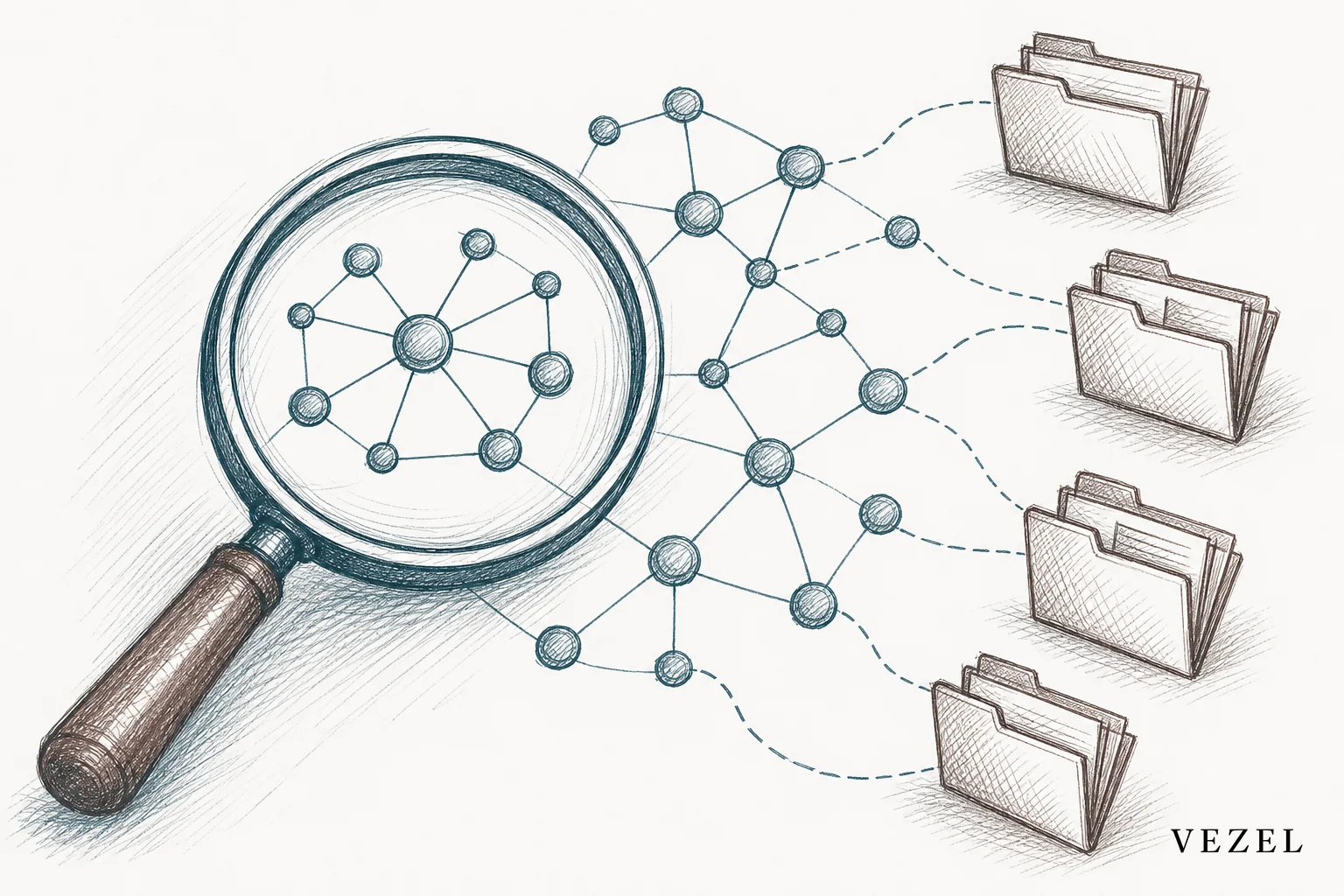 Sketch showing API auto-discovery mapping endpoints and data models automatically. sketch, hand-drawn line art with crosshatching, minimal color using #38555e and #64524d accents, illustrating an auto-discovery process with a magnifying