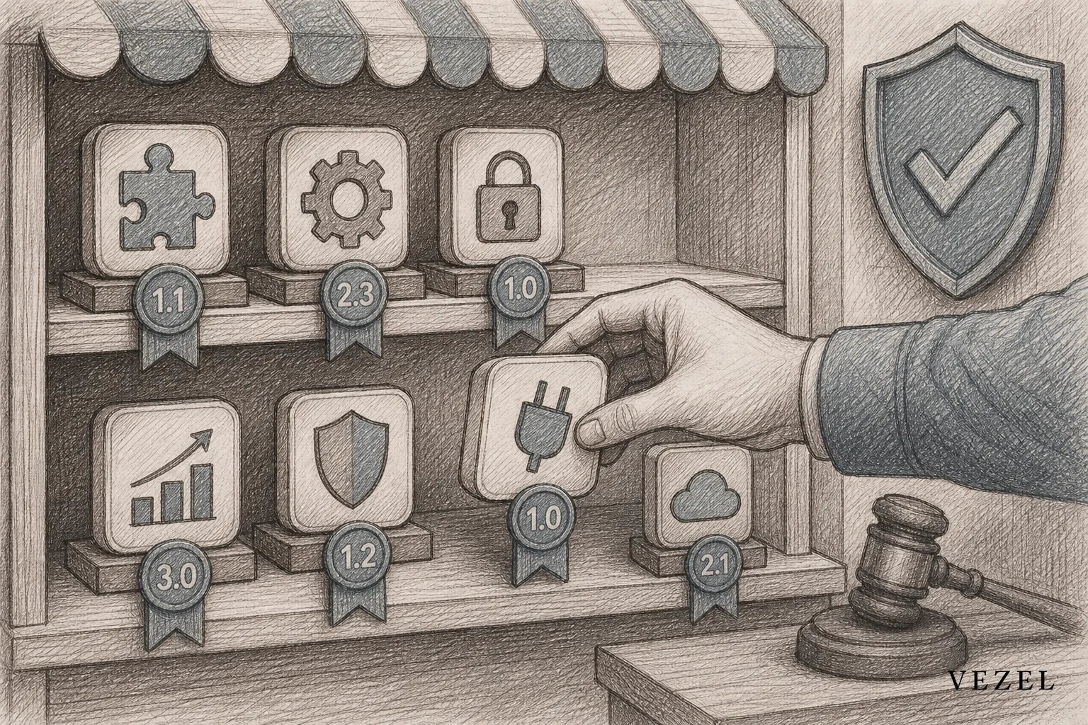 Sketch of a governed marketplace shelf with versioned extension icons being published. sketch, hand-drawn line art with crosshatching, muted palette of #64524d and #70828c, depicting a storefront shelf with small app-like extension icons