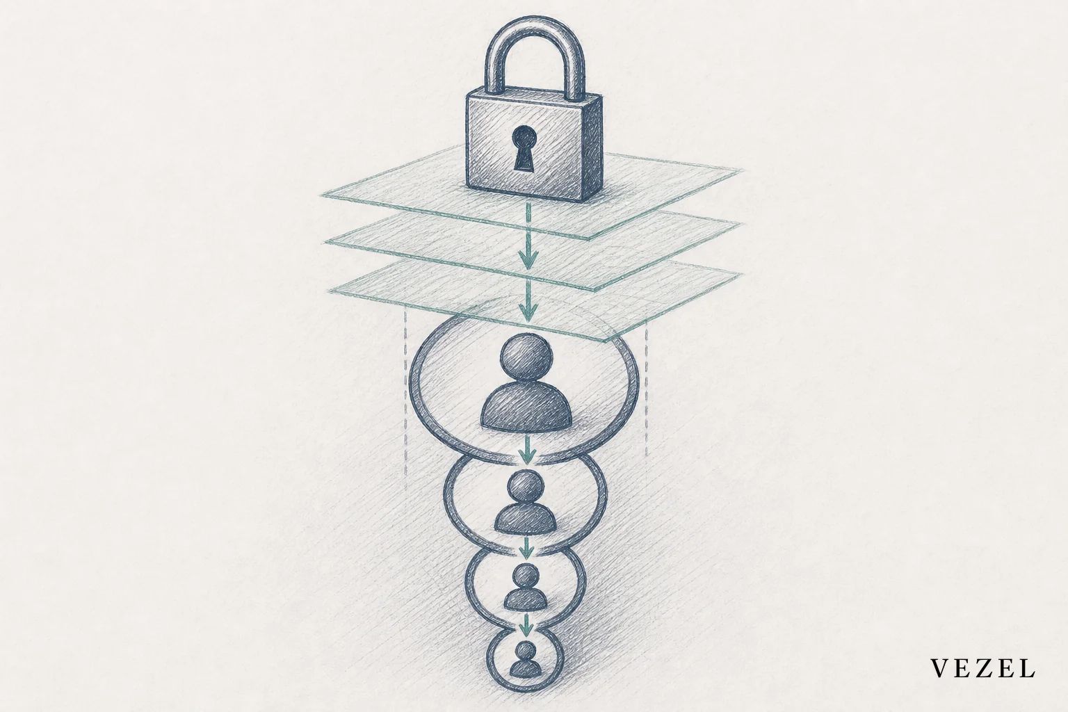 sketch, hand-drawn pencil line art with crosshatched shading, colors limited to #2a4055 and #768d8c, showing a padlock shape passing permission layers down through a chain of nested user role icons, symbolizing authentication and role-based