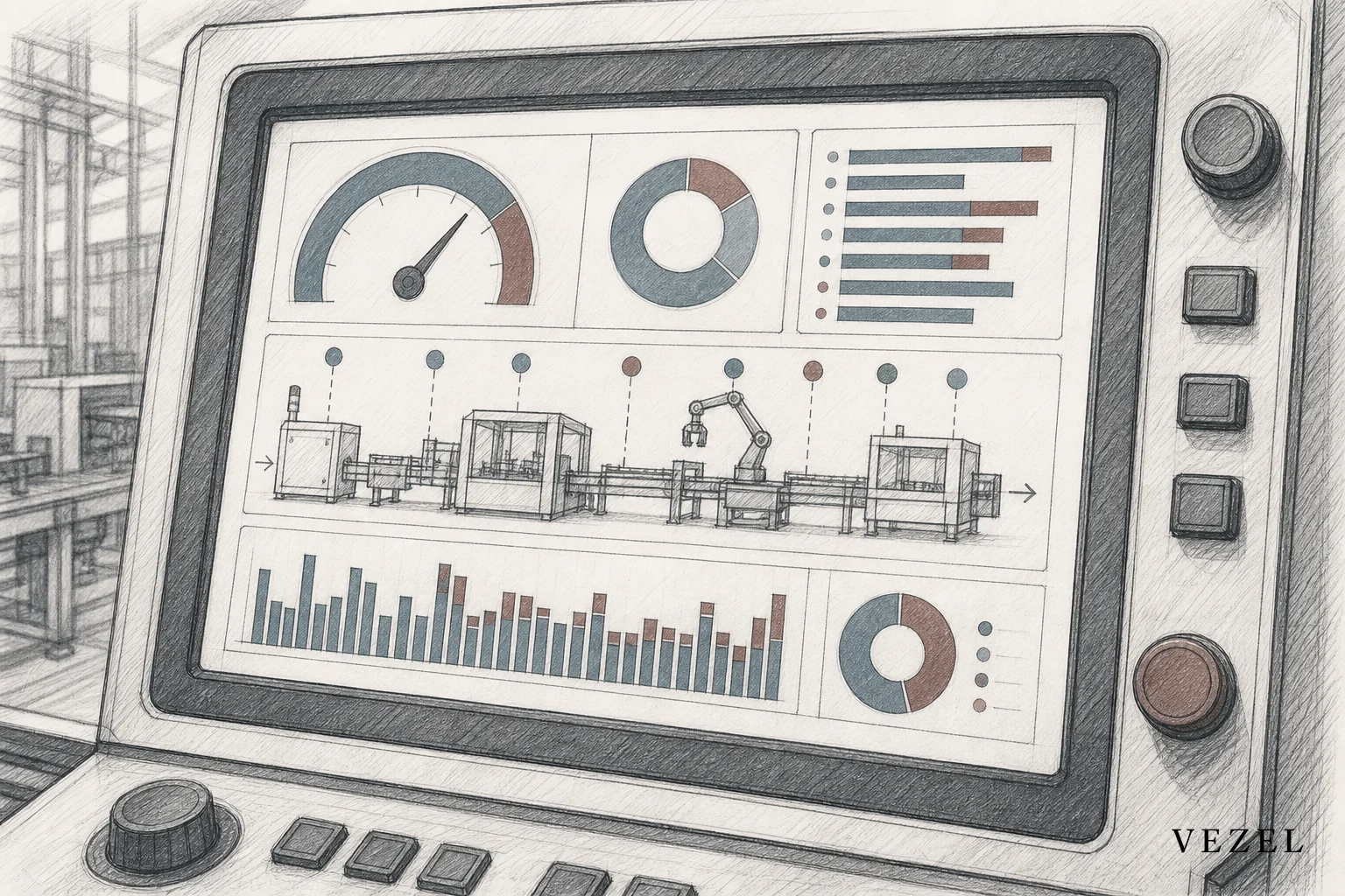 Close up of an OEE dashboard style chart cluster with downtime and scrap visualizations. sketch, hand-drawn line art pencil sketch with crosshatching, minimal color accents in #64524d and #70828c, close-up illustration of an industrial