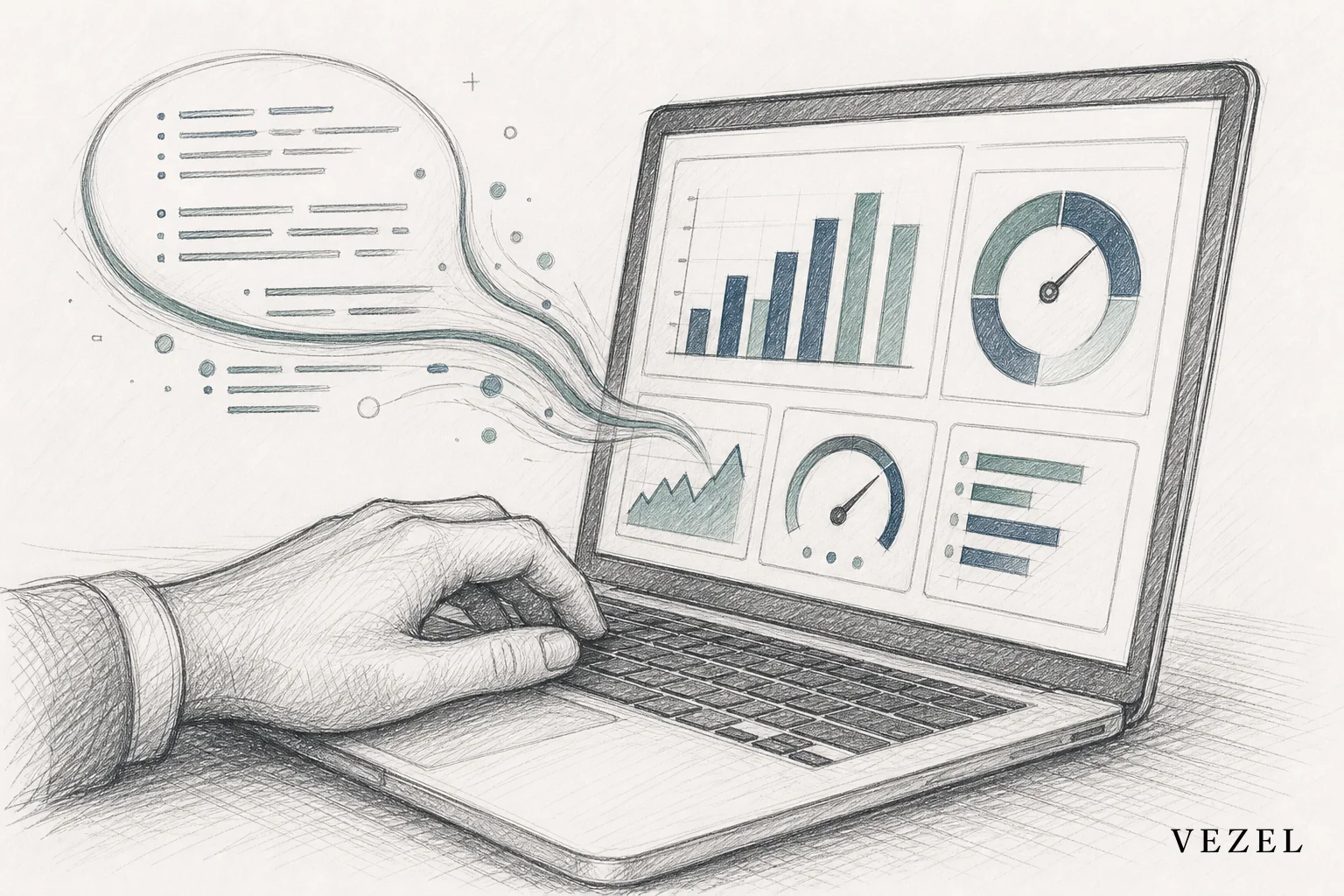 sketch, hand-drawn line art pencil sketch with crosshatching, minimal color accents in #2a4055 and #768d8c, illustration of a hand typing on a laptop keyboard with a speech-bubble-like flow of simple text turning into a structured dashboard