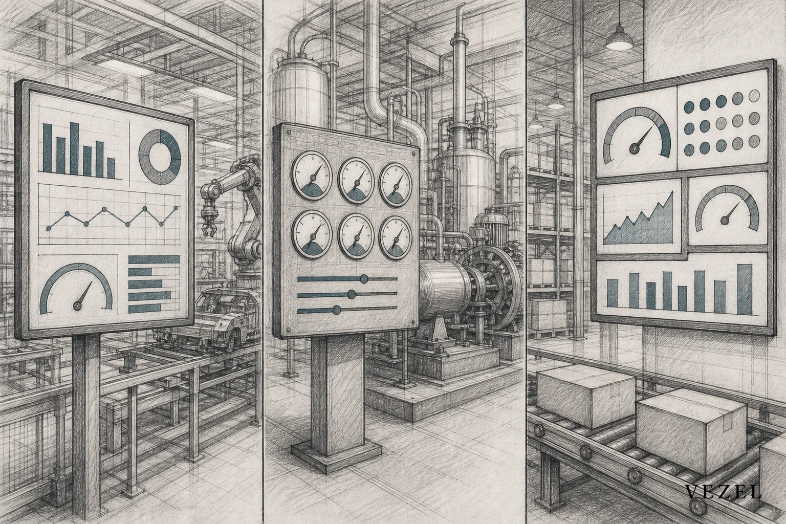 Three different factory floors each with different metric displays representing OEE, scrap rate, throughput. sketch, hand-drawn line art pencil sketch with crosshatching, minimal color accents in #38555e and #70828c, split composition