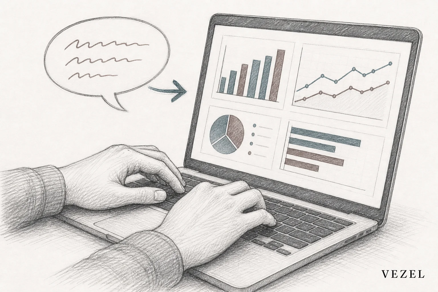 Sketch showing a person typing a plain-English request that transforms into a live connected report inside a software interface. sketch style hand-drawn line art, pencil crosshatching, minimal color accents in #38555e and #64524d: a