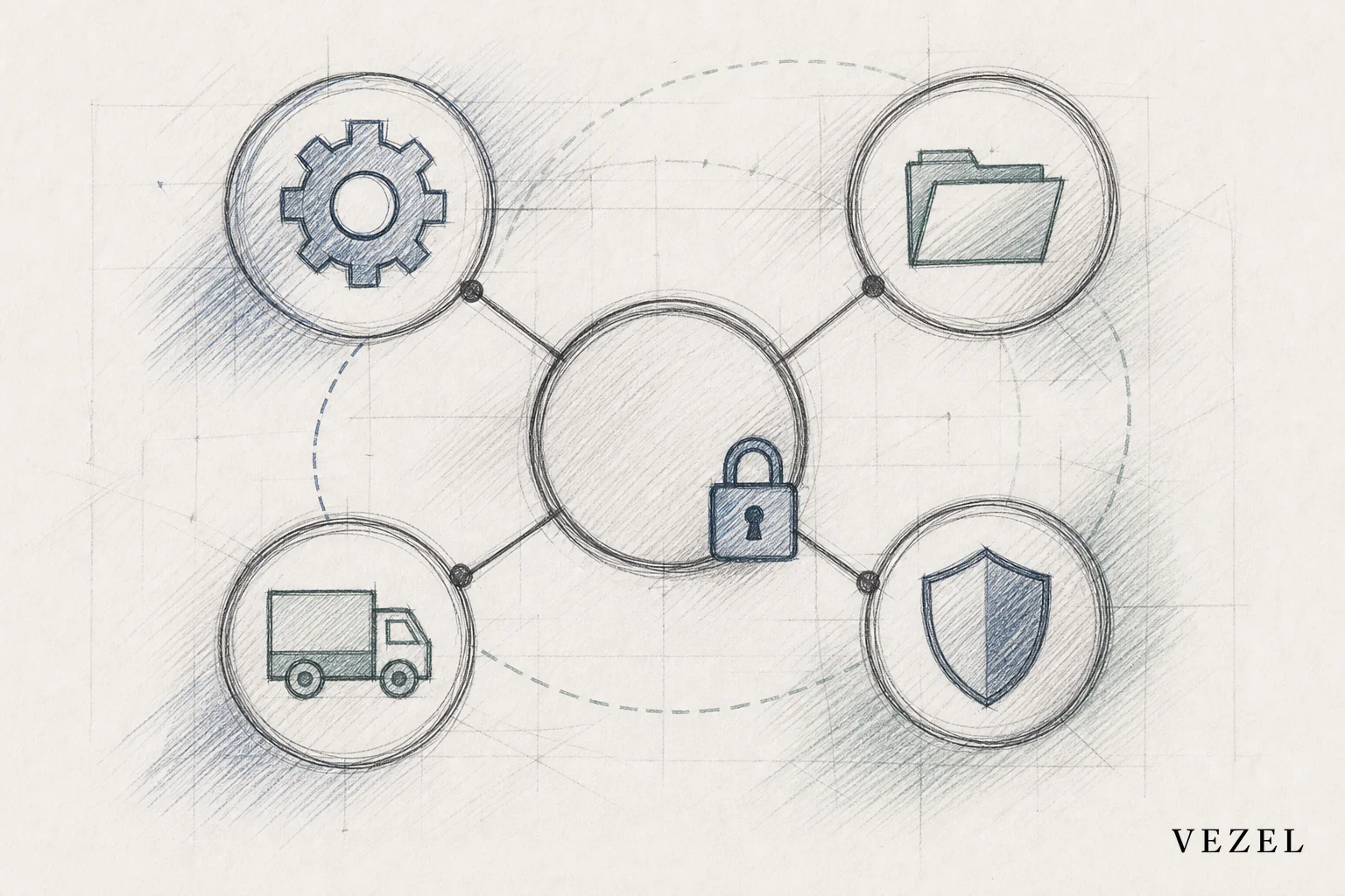 sketch style hand-drawn line art, pencil crosshatching, minimal color accents in #2a4055 and #768d8c: an abstract technical diagram sketched by hand showing connected circular nodes labeled only with simple icons (gear, folder, truck