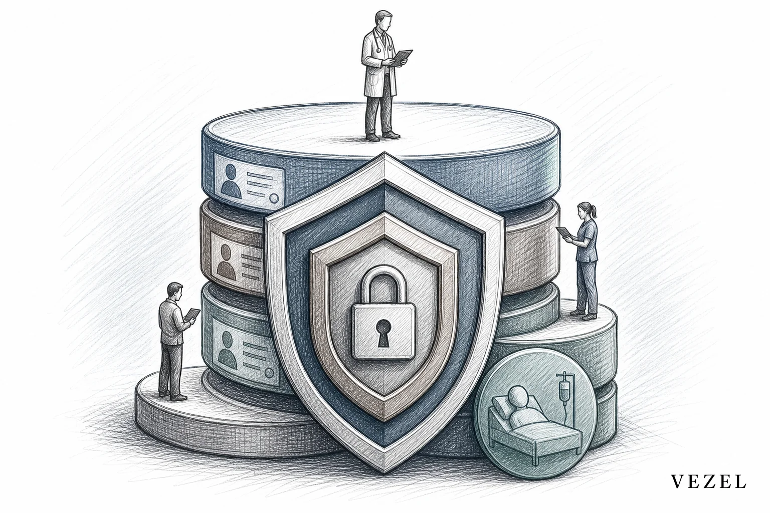 Sketch showing a locked data layer with permission tiers protecting patient data. sketch style hand-drawn line art, pencil crosshatching, minimal color palette of deep blue and warm gray (#2a4055, #64524d, #768d8c), illustration of a