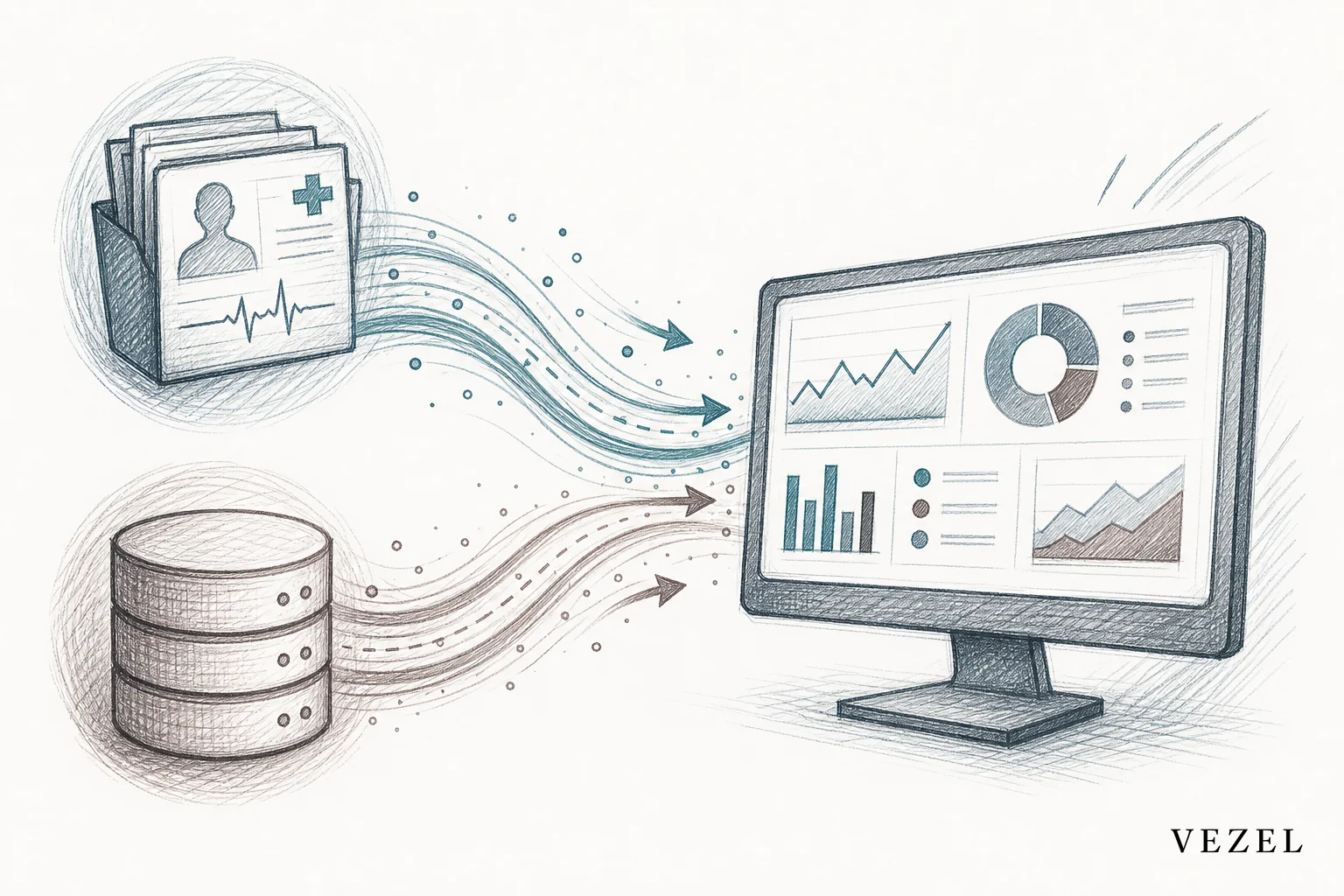 Sketch of live data flowing from clinical systems into a real-time dashboard. sketch style hand-drawn line art, pencil sketch with crosshatching, minimal color using teal and muted brown tones (#38555e, #64524d, #70828c), depicting data