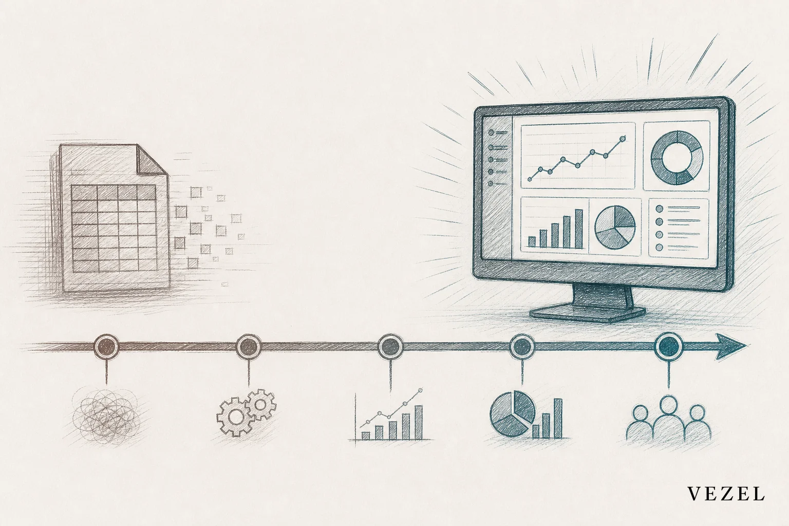 Illustration of a phased rollout timeline moving from CSV export icon to fully embedded dashboard icon. sketch, hand-drawn line art illustration with crosshatching, minimal color, a horizontal timeline sketch showing a CSV/spreadsheet icon