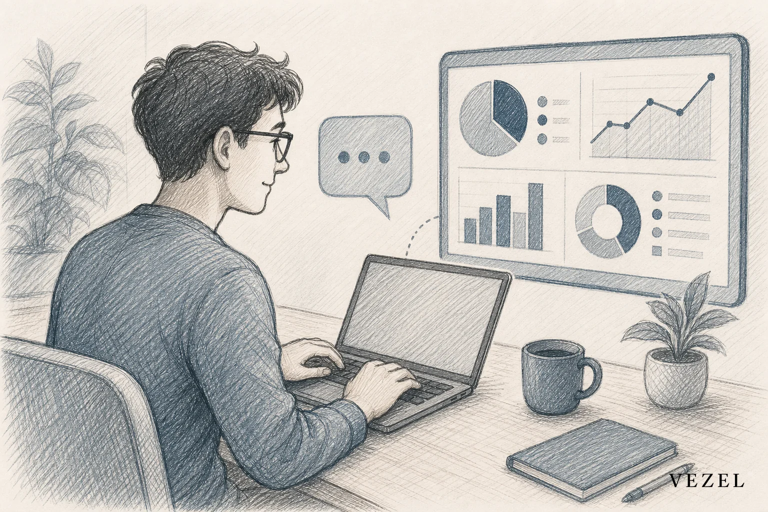 sketch, hand-drawn line art pencil sketch with crosshatching, minimal color, showing a person typing at a laptop with a speech-bubble-like text box, and a dashboard with charts appearing on the connected screen, warm approachable mood