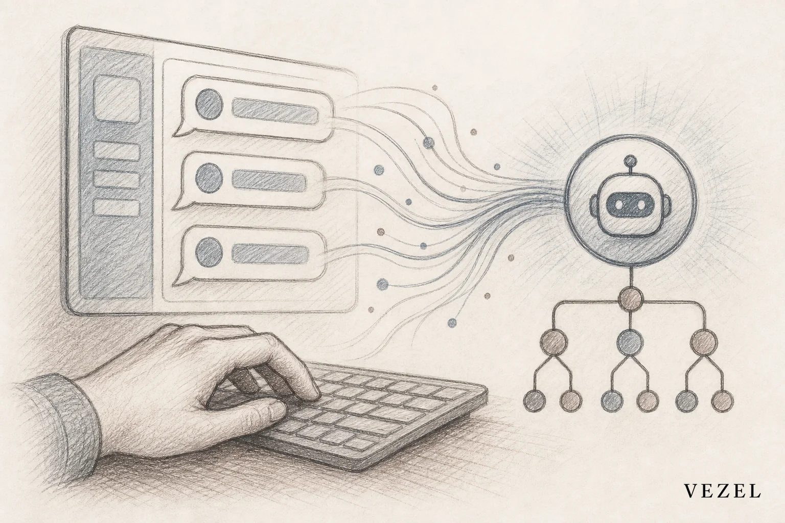 Sketch of a person typing a plain-language instruction into a builder interface that generates an agent flowchart. sketch, hand-drawn line art pencil sketch with crosshatching and minimal color, depicting a person's hand typing on a