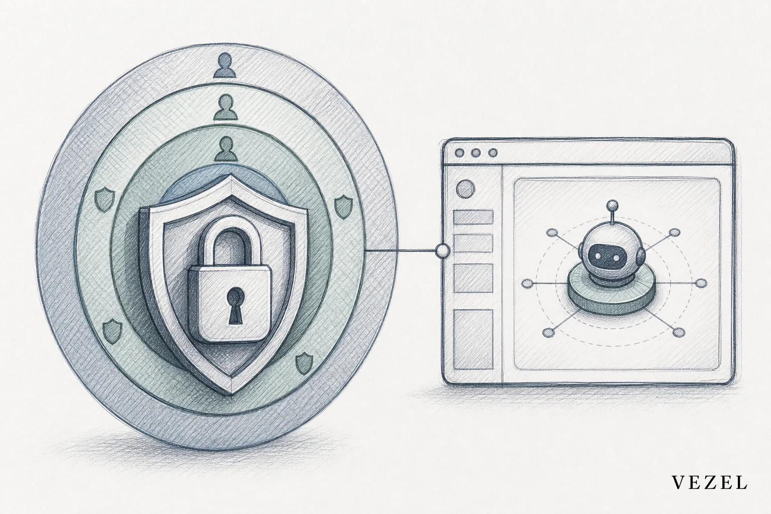 Sketch of a padlock and layered access-control shield connected to an AI agent icon inside a product interface frame. sketch, hand-drawn line art pencil sketch with crosshatching and minimal color, showing a layered shield or padlock icon