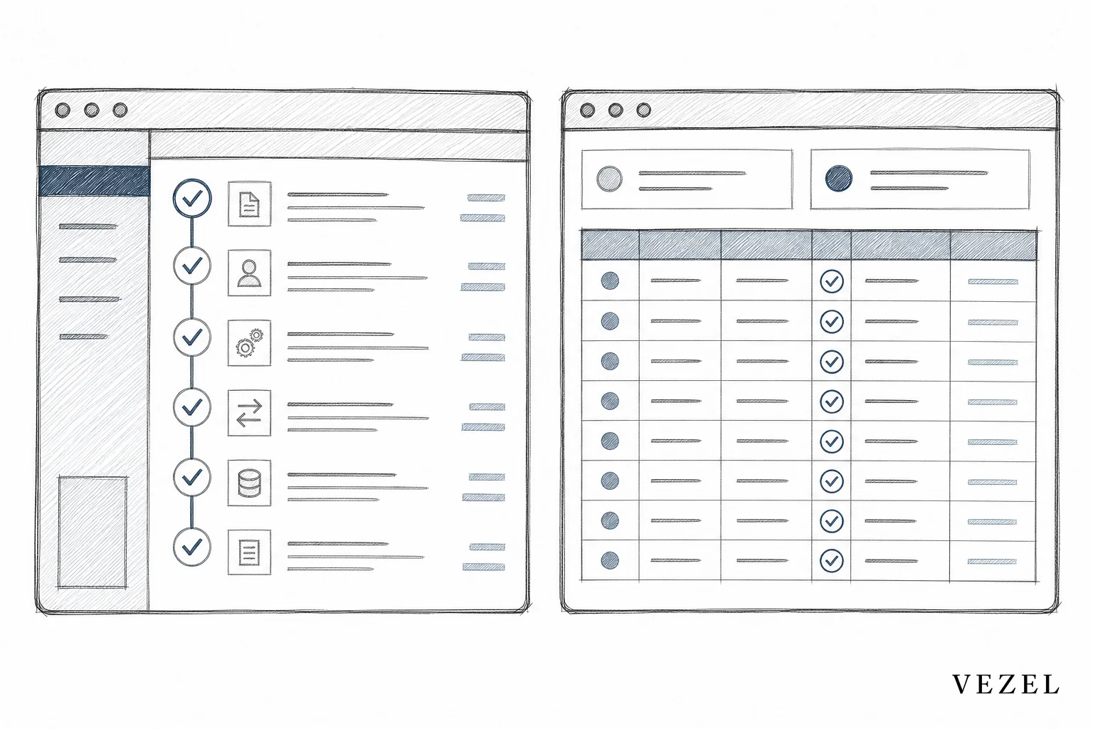 Sketch of two side-by-side financial dashboards representing a payments audit trail and a lending reconciliation report. sketch, hand-drawn line art with crosshatching, minimal color accents in #70828c and #2a4055, illustration of two