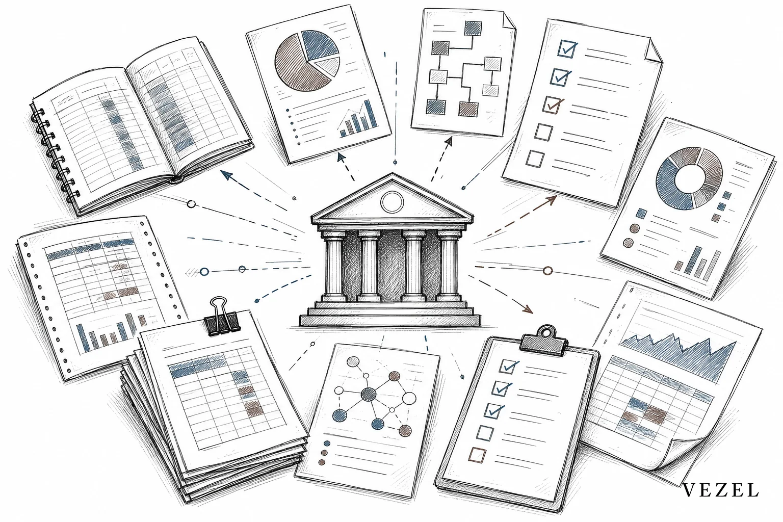 Sketch of scattered compliance documents and ledgers representing fragmented fintech reporting needs. sketch, hand-drawn line art with crosshatching, minimal color accents in #2a4055 and #64524d, illustration of scattered financial ledger