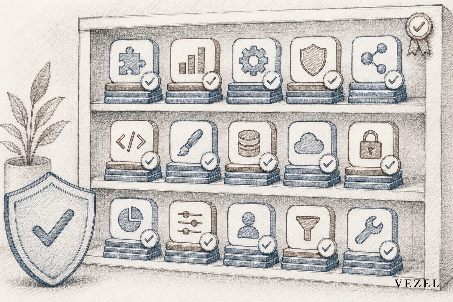 A governed marketplace shelf of published workflow apps with version tags. sketch style hand-drawn line art, pencil crosshatching, minimal color palette using #2a4055 and #64524d, a shelf of small app-like tiles each stacked with version