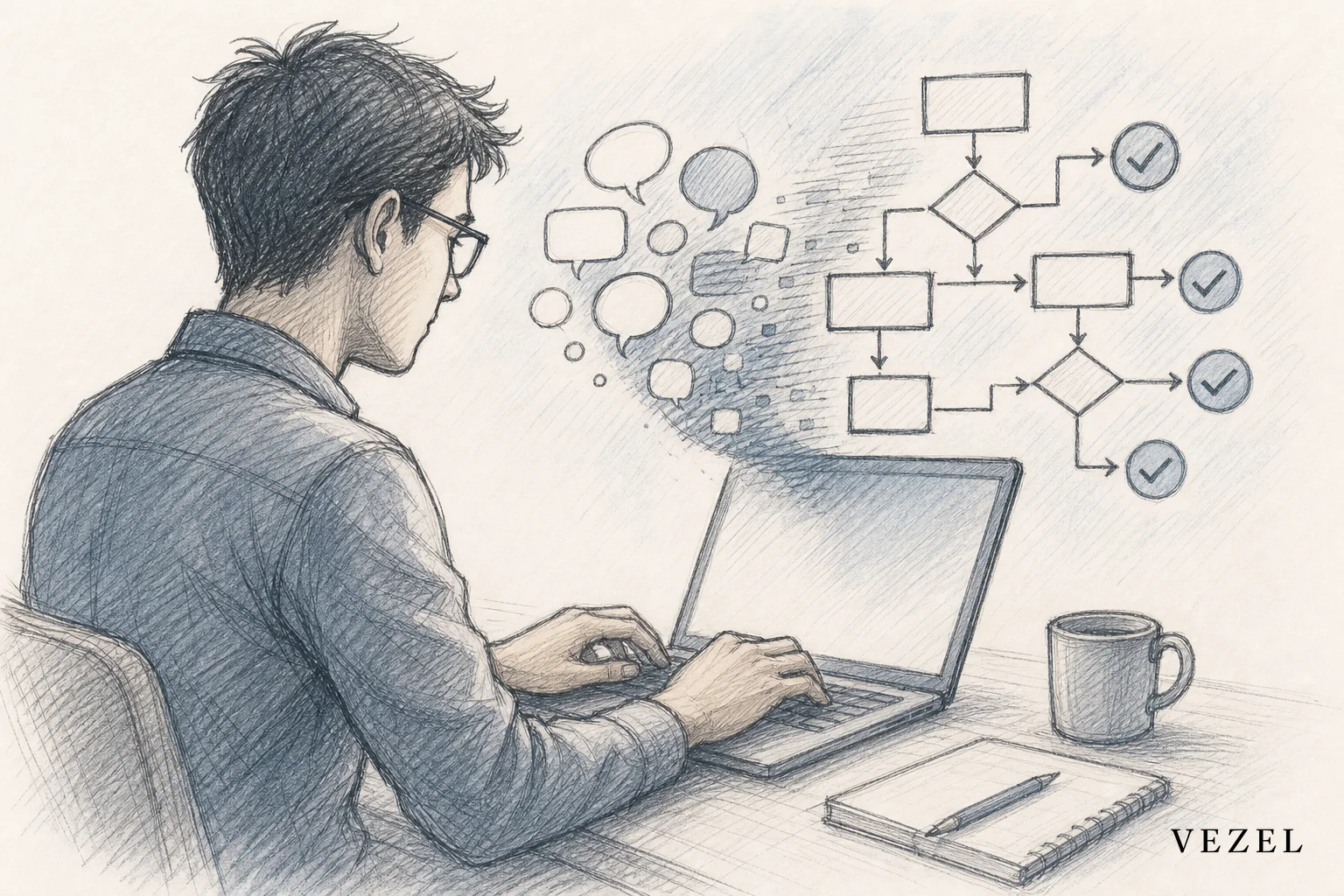 sketch style hand-drawn line art, pencil sketch with crosshatching, minimal color using muted blue-gray tones (#2a4055, #70828c), a person typing at a laptop with speech-bubble text transforming into a flowchart of approval steps floating