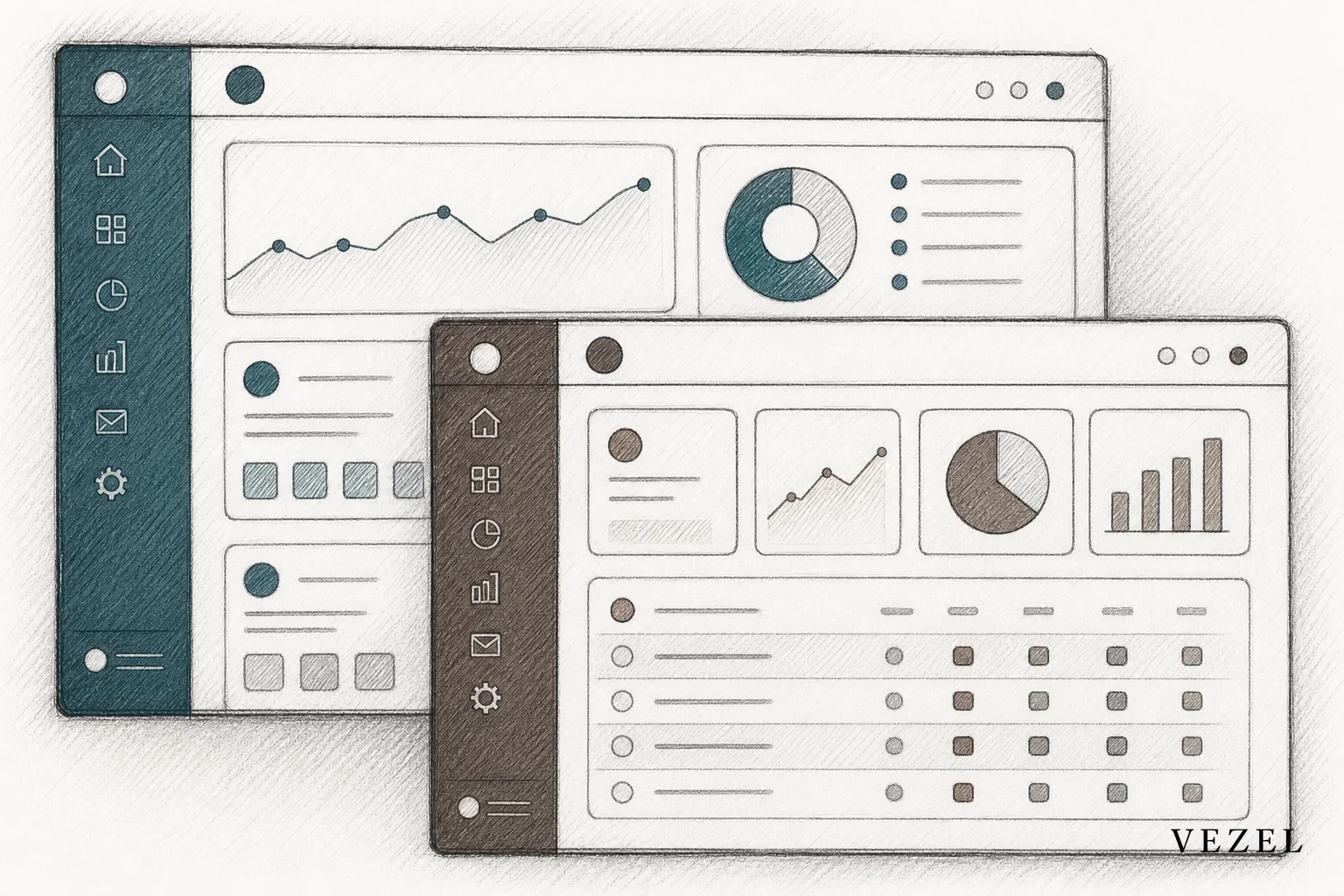 Sketch of two interface panels side by side showing matching design themes. sketch, hand-drawn line art with crosshatching and minimal color in #38555e and #64524d, depicting two overlapping software interface panels with matching color