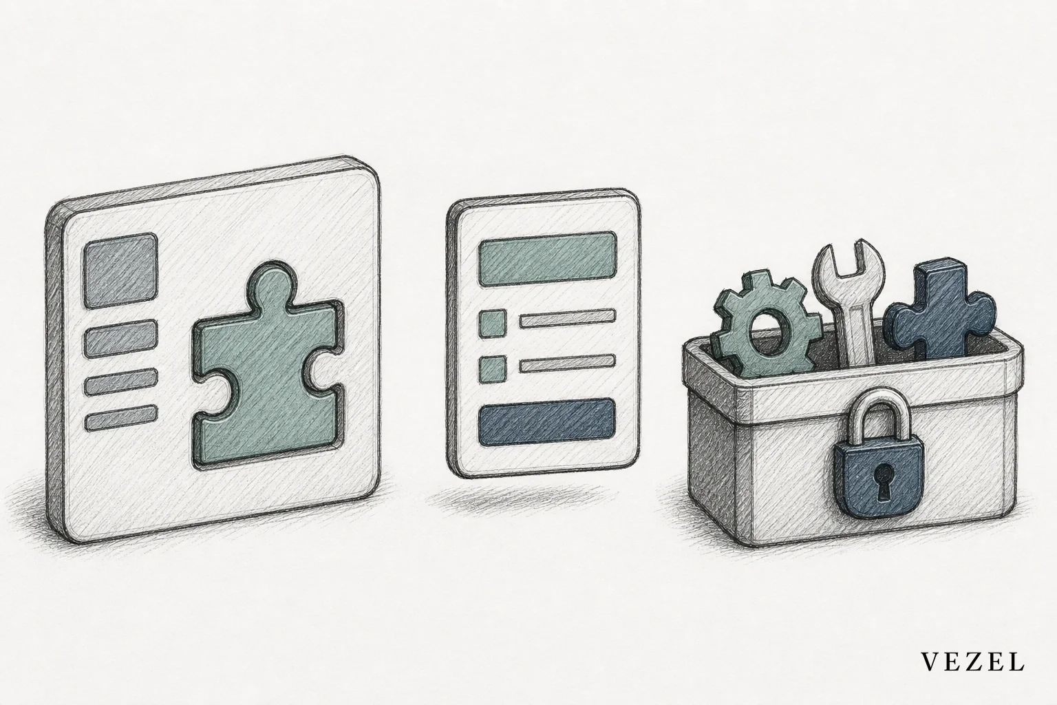 sketch, hand-drawn line art with pencil crosshatching and minimal color accents in #768d8c and #2a4055, showing three distinct icons side by side: an embedded puzzle piece fitting into a larger software shape, a standalone form icon