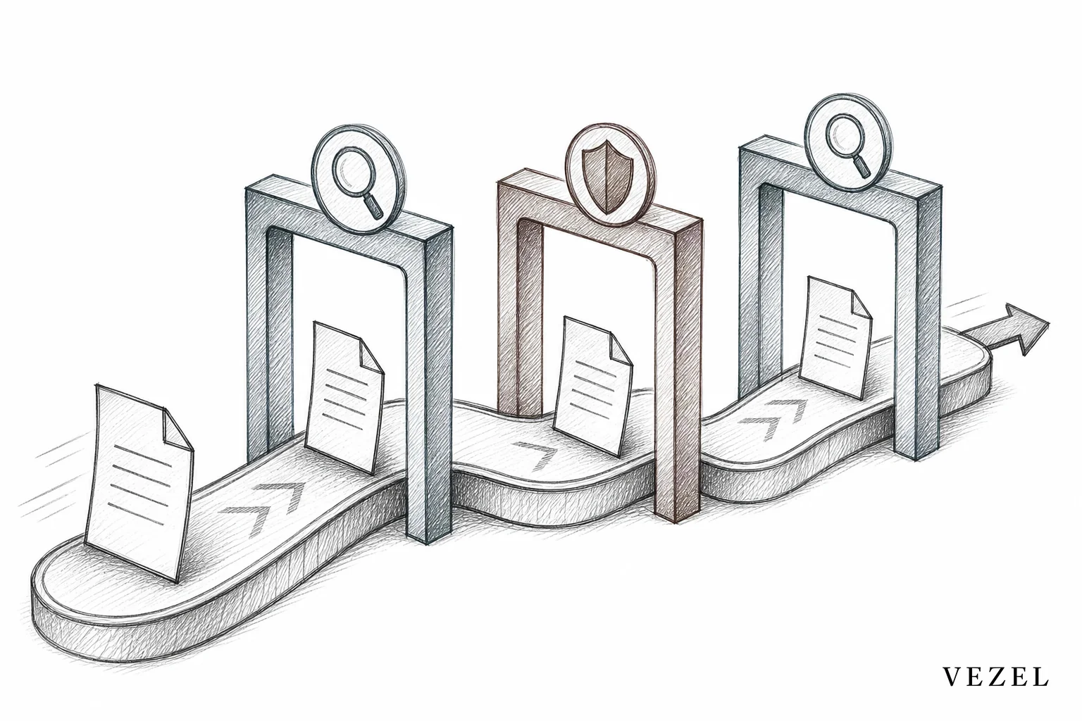 Sketch of a review pipeline showing a document moving through checkpoints before approval. sketch, hand-drawn line art pencil sketch with crosshatching and minimal color, depicting a document icon moving along a conveyor path through three