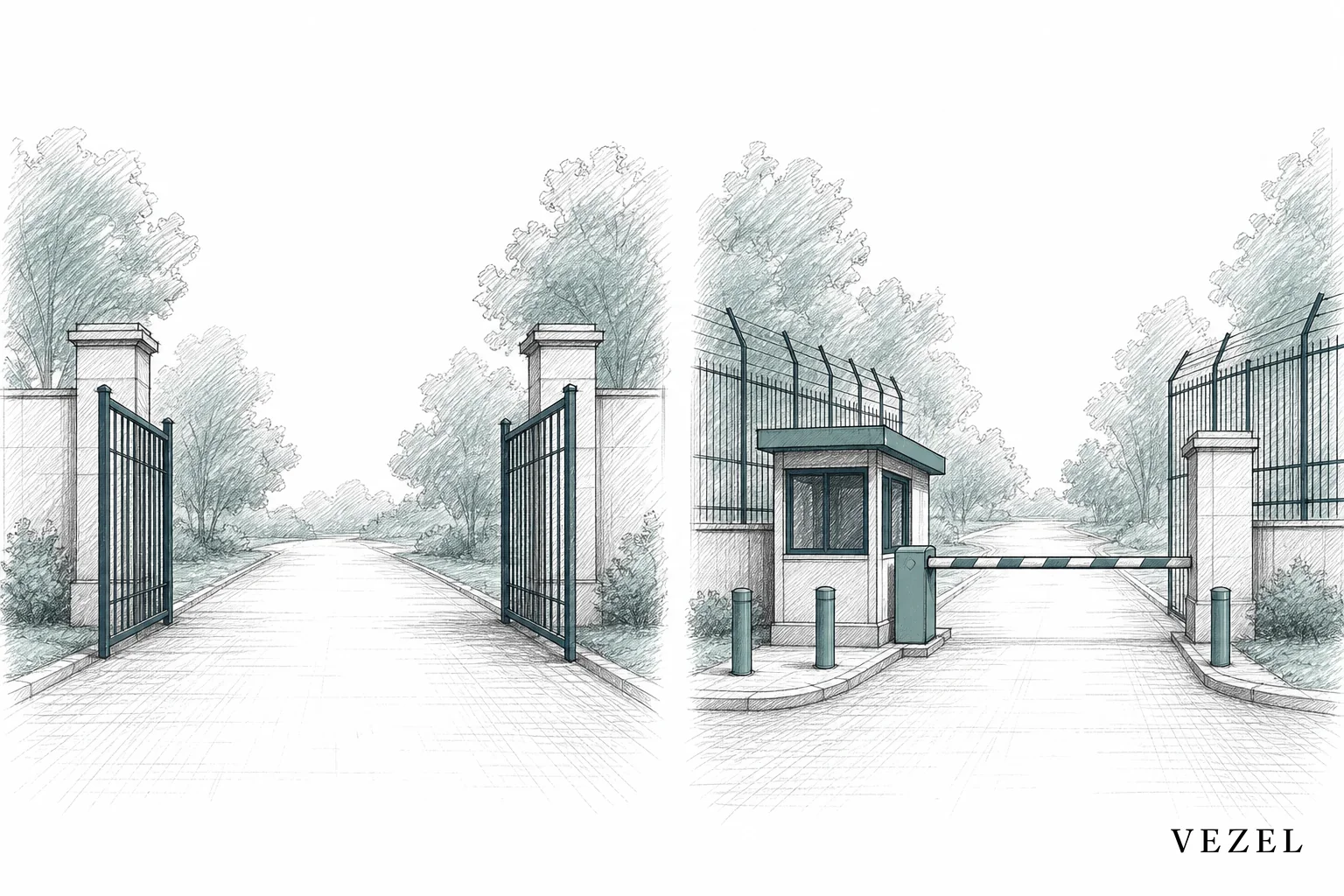 Sketch of an open gate versus a gate with a checkpoint/control booth, representing open API access versus governed extensibility. sketch, hand-drawn line art pencil sketch with crosshatching and minimal color using teal-grey (#768d8c) and