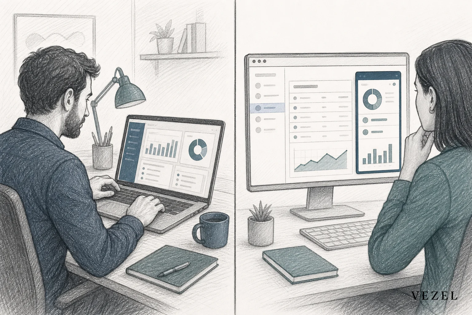 Split diagram showing internal tool builder on one side (engineer at desk) vs customer-facing extension embedded inside a product interface on the other. sketch, hand-drawn line art pencil sketch with crosshatching and minimal color using