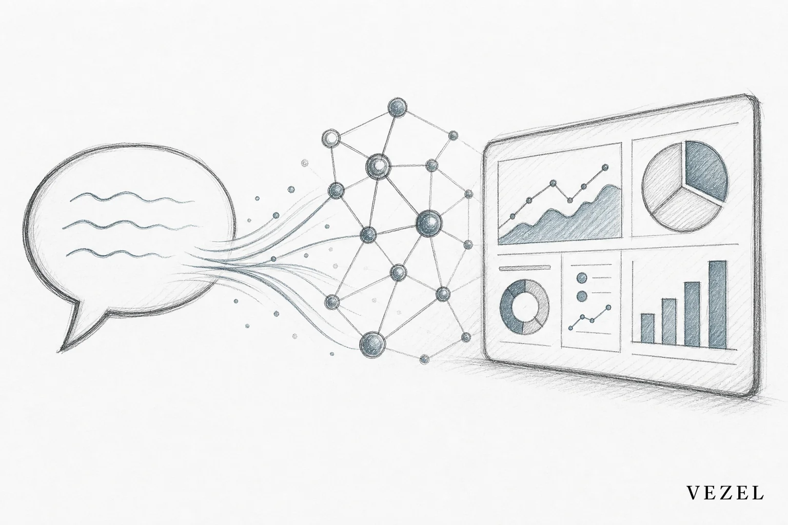 Sketch showing plain English prompt turning into a live dashboard connected to case management data. sketch, hand-drawn line art, pencil sketch with crosshatching, minimal color using #38555e and #70828c accents, an abstract illustration of