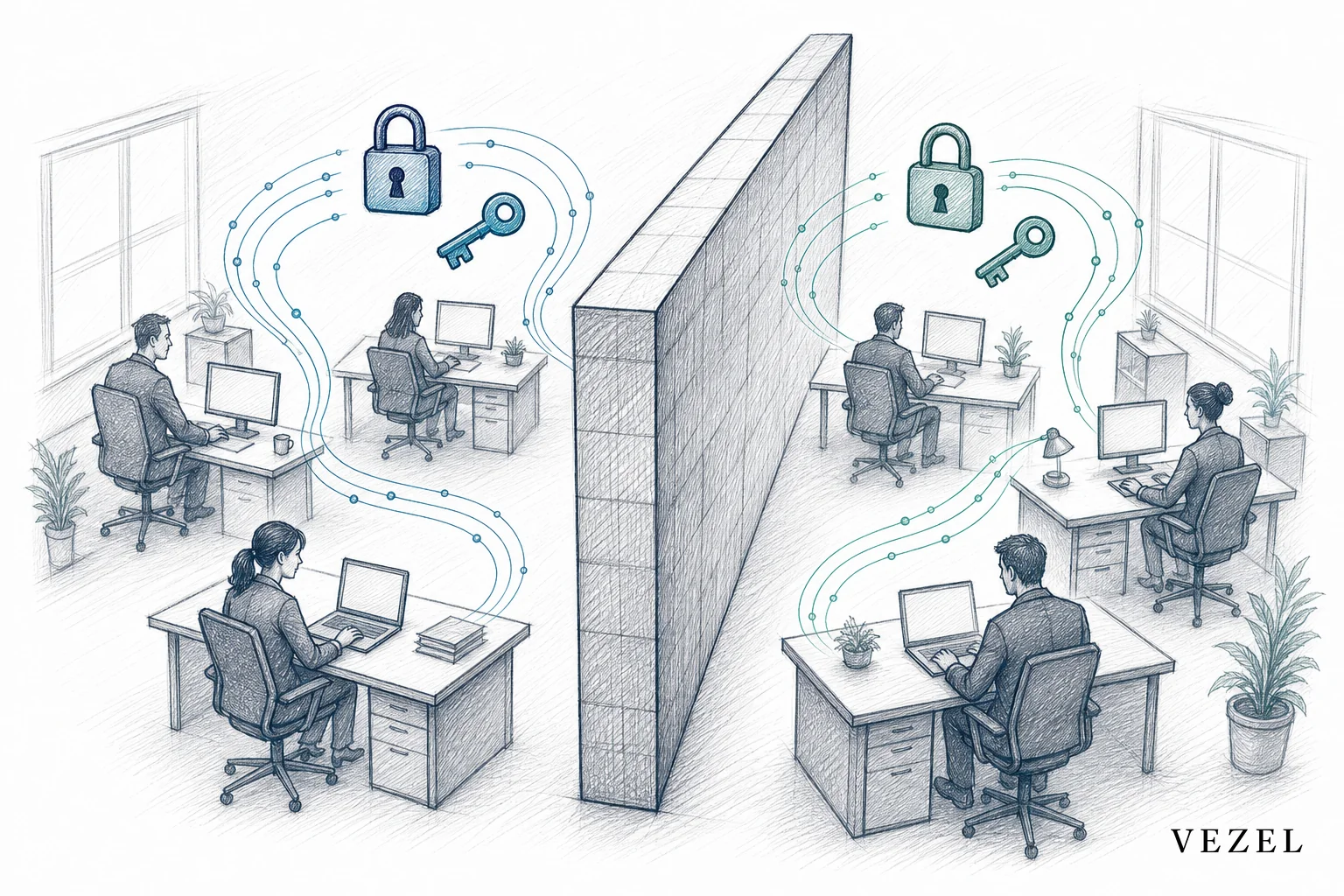 Sketch of a locked vault or ethical wall dividing practice groups with secure data flow. sketch, hand-drawn line art, pencil sketch with crosshatching, minimal color using #2a4055 and #768d8c accents, an illustration of a tall wall or