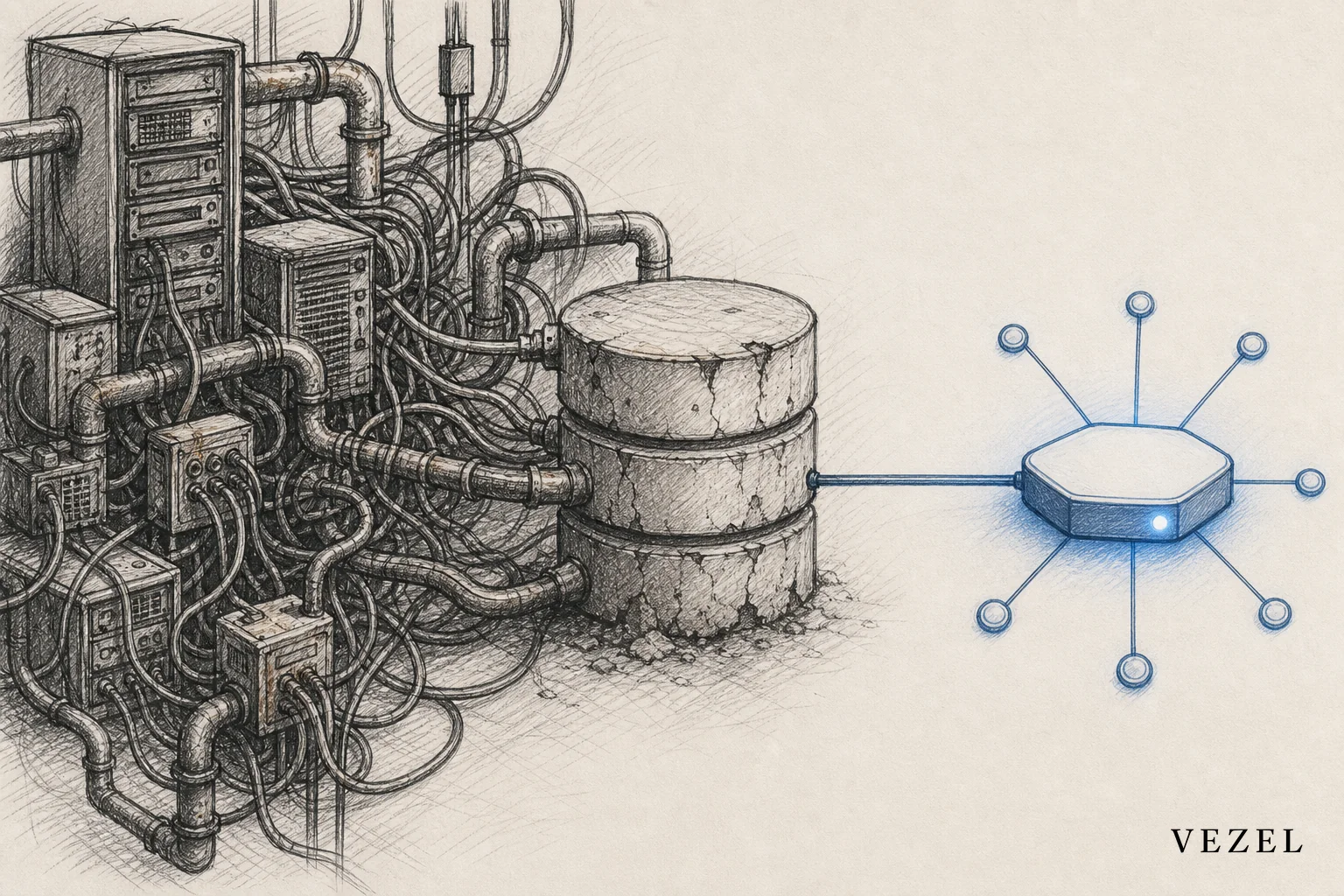 Illustration of tangled, aging API connections representing legacy SaaS technical debt. sketch, hand-drawn pencil line art with crosshatching, minimal color accents in #2a4055 and #64524d, illustration of a tangled web of old server pipes