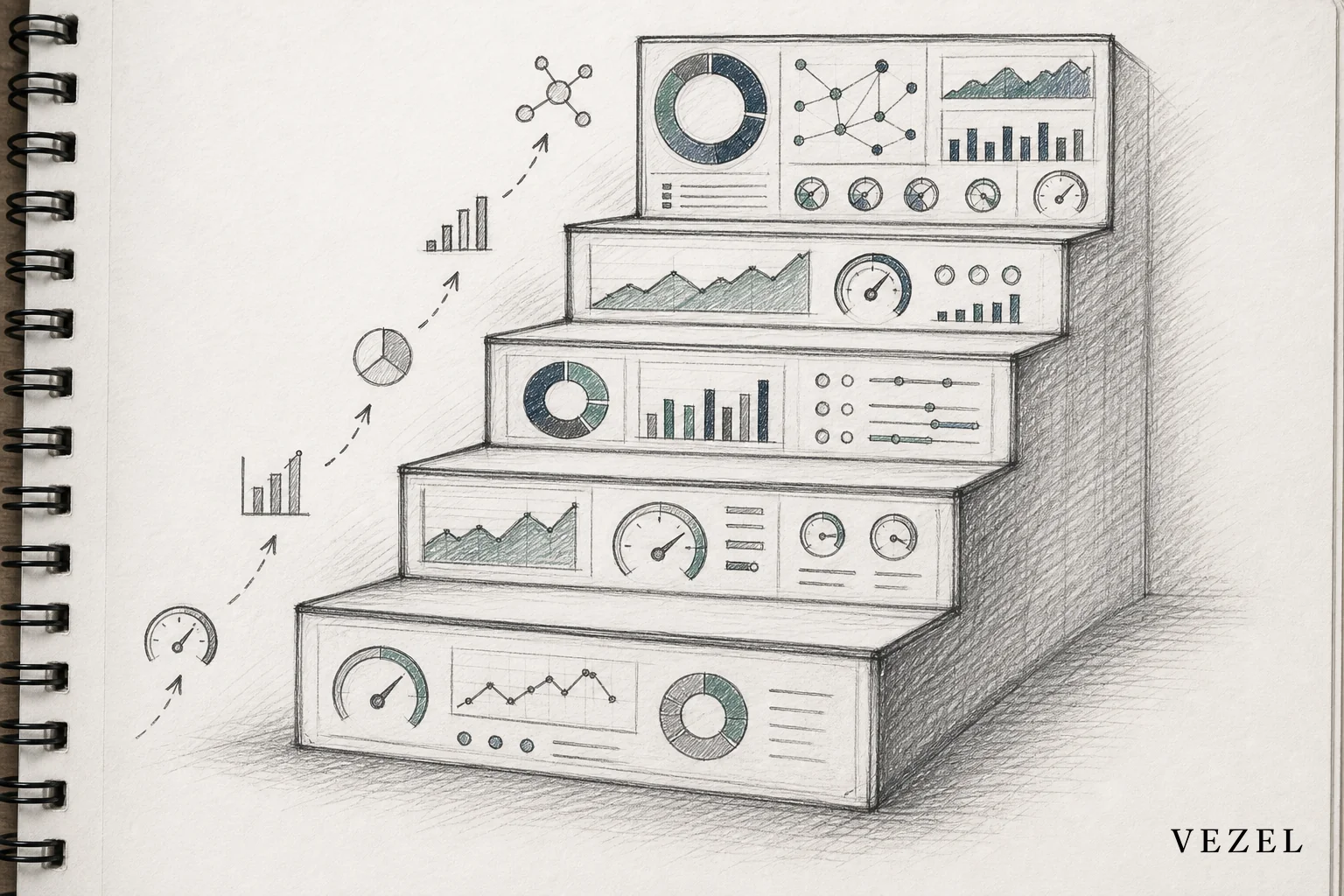 sketch, hand-drawn pencil line art with crosshatching, minimal color accents in #768d8c and #2a4055, illustration of a staircase made of ascending dashboard panels each slightly more detailed than the last, small hand-drawn gauge and signal