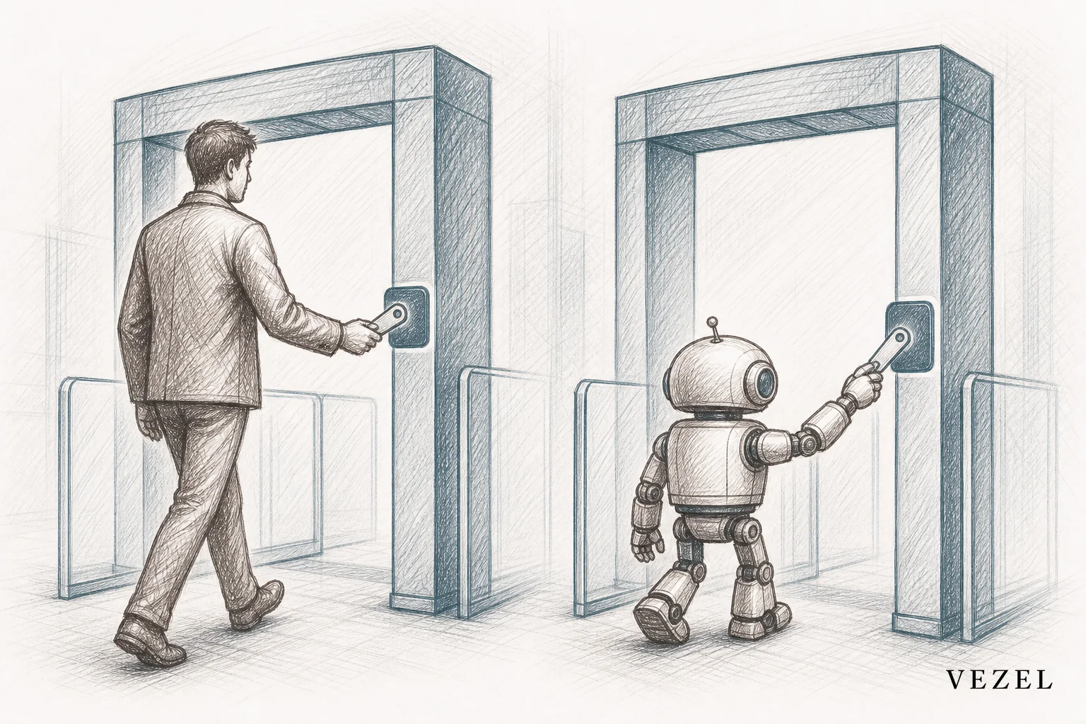 A person icon and an AI agent icon sharing the same identity badge, both passing through the same permission checkpoint. sketch, hand-drawn line art pencil sketch with crosshatching, minimal color palette using #38555e and #64524d