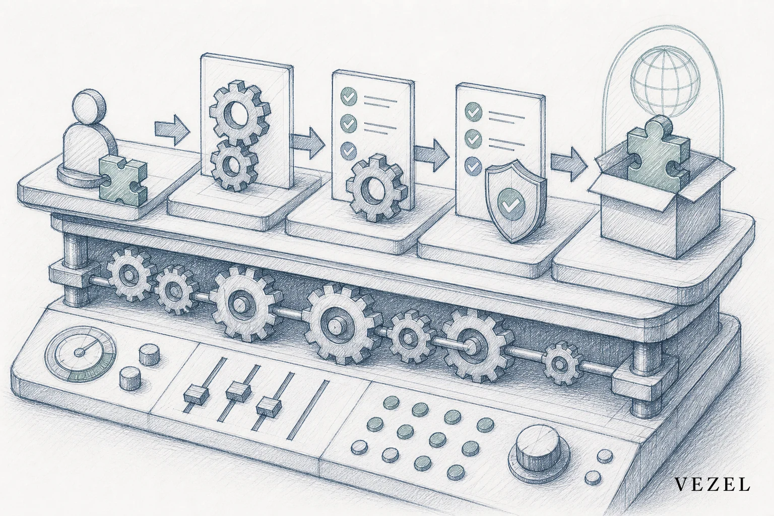 A layered control panel or dashboard sketch showing review, versioning, and publishing stages for AI agents. sketch, hand-drawn line art pencil sketch with crosshatching, minimal color using #2a4055 and #768d8c, showing a layered control