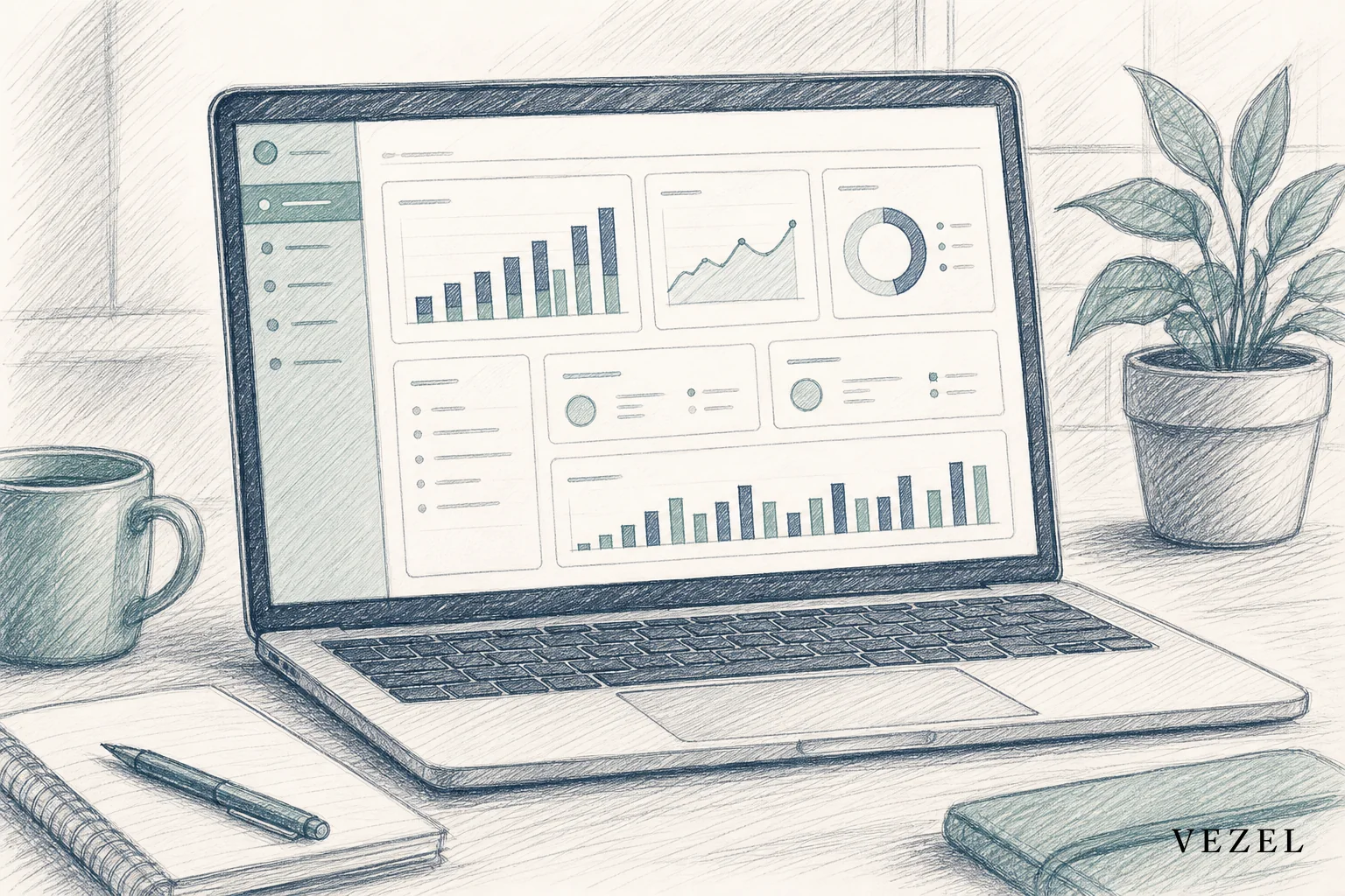 sketch style hand-drawn line art, pencil sketch with crosshatching, minimal color using #2a4055 and #768d8c accents: a laptop screen showing a clean dashboard with sketched bar charts and cards blending seamlessly into a software interface