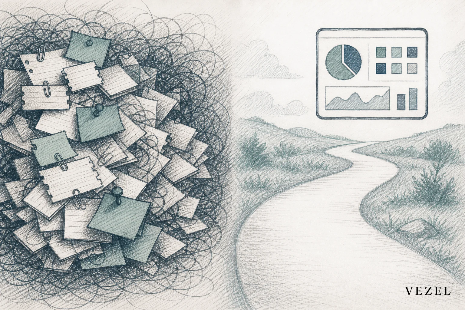 Sketch of two contrasting paths, one cluttered with tickets and one streamlined. sketch, hand-drawn line art, pencil crosshatching, minimal color palette using #768d8c and #2a4055, split composition showing on one side a tangled pile of