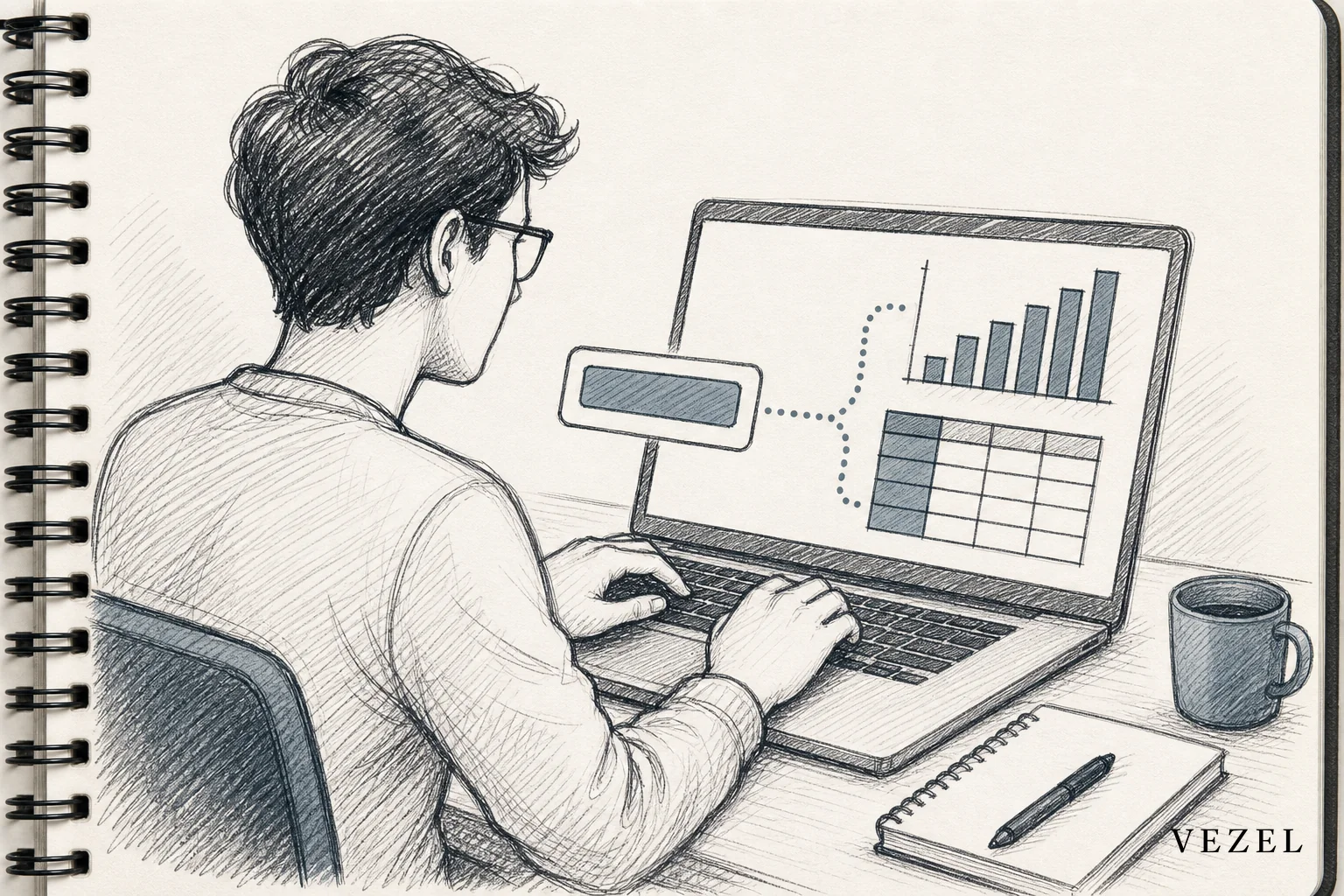 Sketch showing a person typing a plain-English request that turns into a report on screen. sketch, hand-drawn line art with crosshatching, minimal color using #38555e and #70828c accents, a person at a laptop typing a sentence that visually