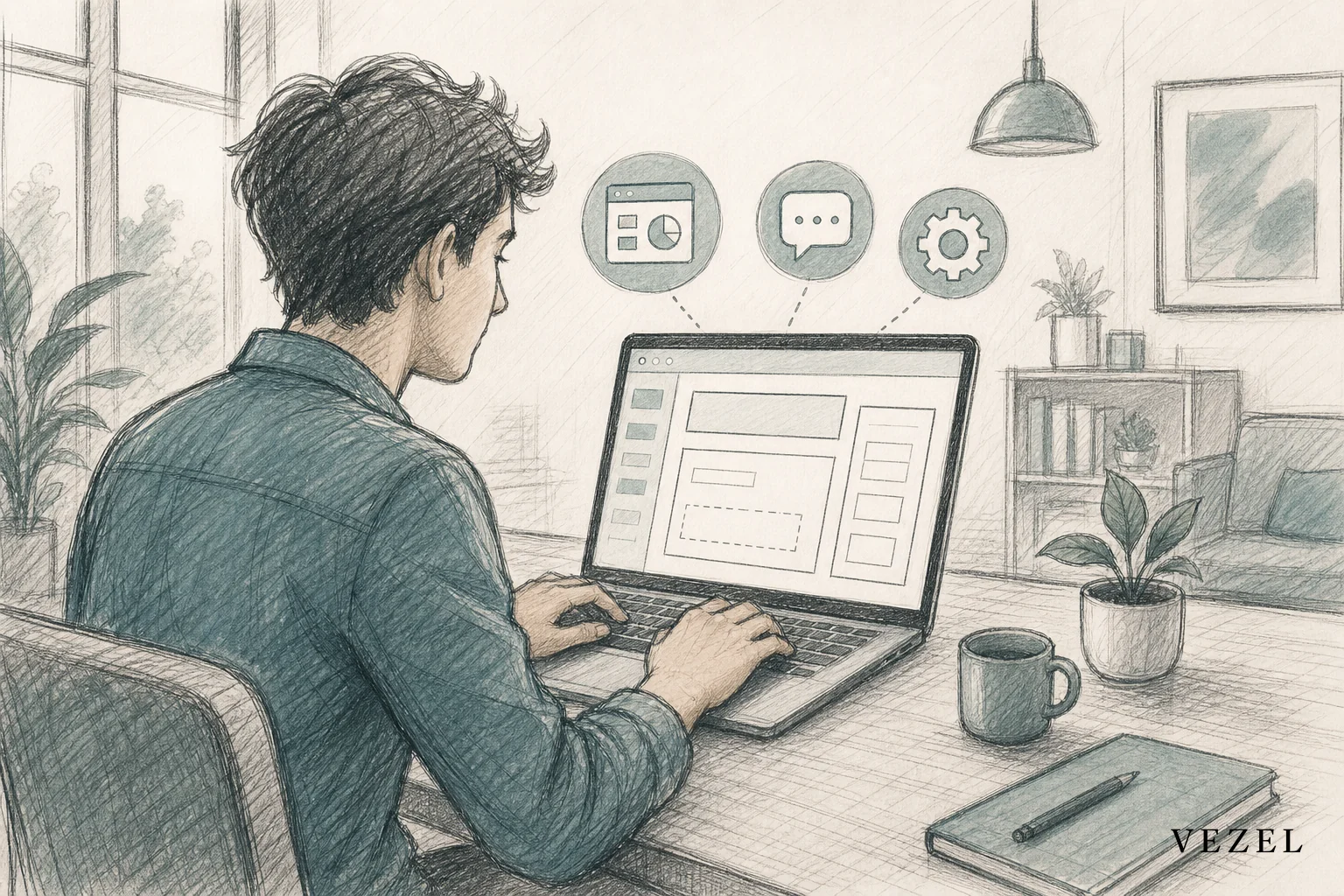 sketch, hand-drawn pencil line art illustration with crosshatching, a person sitting at a laptop typing plain sentences into a simple builder interface, small icons of a dashboard, a chat bubble, and a gear floating above the screen to