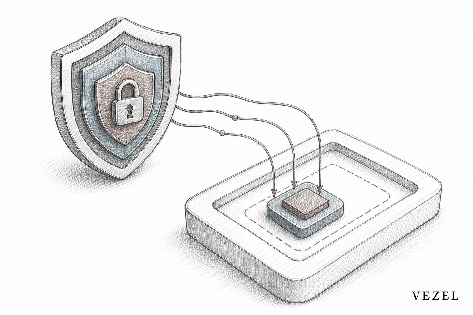 A visual metaphor of a lock and key structure showing permission layers flowing from a host platform into an embedded assistant module. sketch, hand-drawn pencil line art with crosshatching, an illustration of a layered shield or lock icon