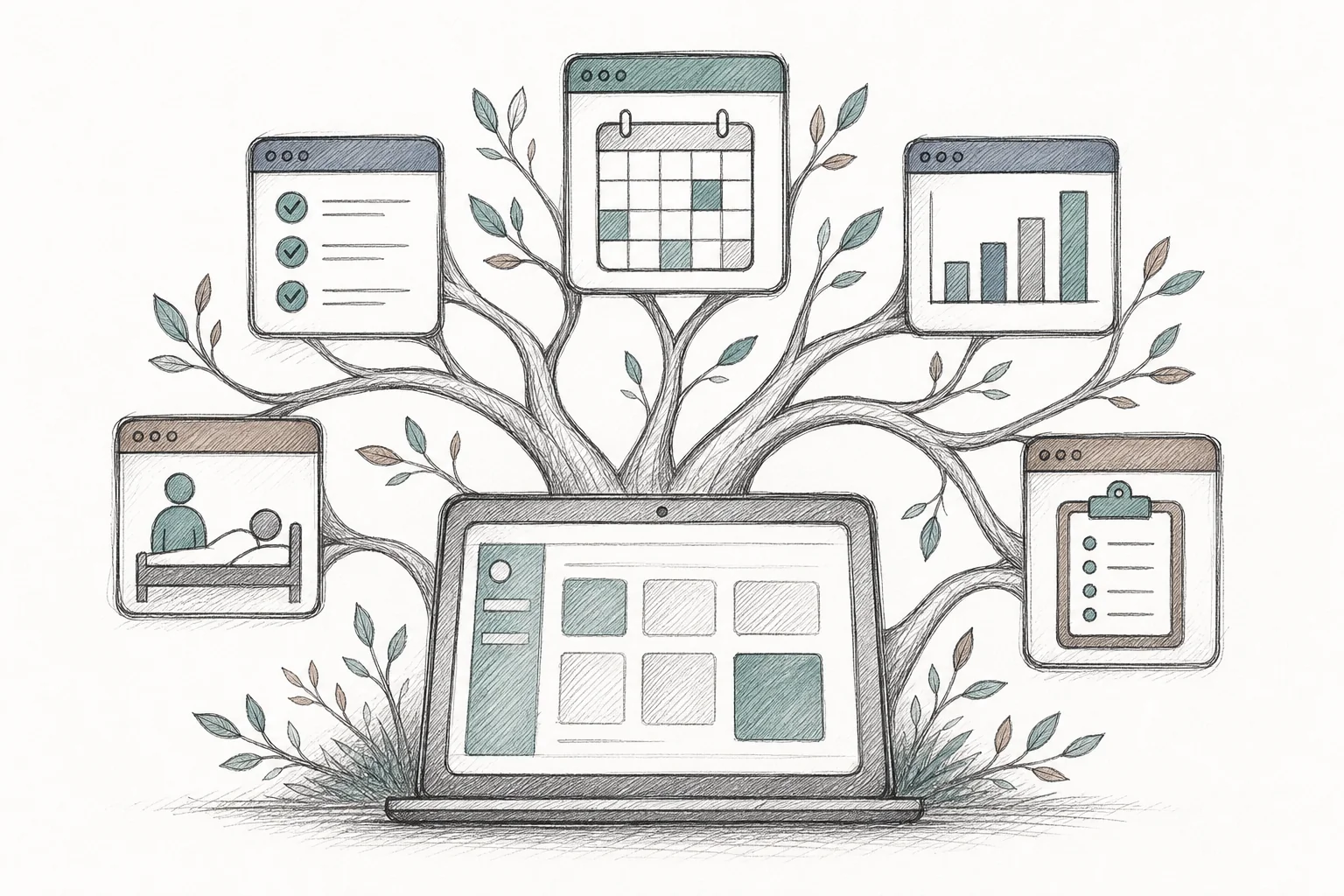 Hand-drawn sketch of branching app screens representing different hospital departments building their own custom tools
