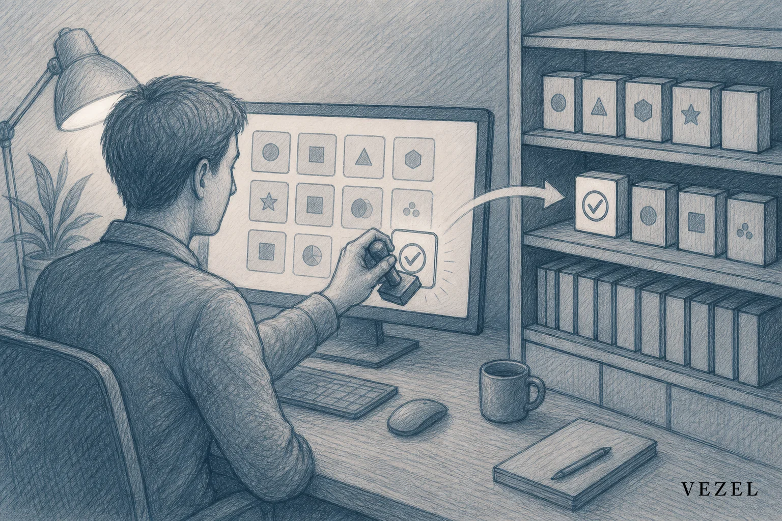 sketch, hand-drawn line art pencil sketch with crosshatching, a simple human figure at a desk reviewing a grid of small app tiles on a screen, one tile being stamped with an approval mark and moved into a organized catalog shelf, muted teal