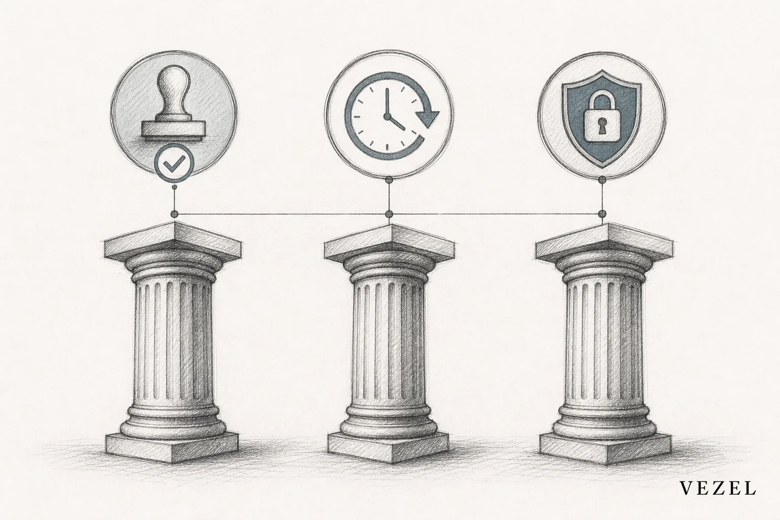 sketch, hand-drawn line art pencil sketch with crosshatching, three simple architectural pillars connected by thin lines to icons above them (a stamp/approval icon, a clock/version icon, a shield/lock icon), muted color accents in #38555e