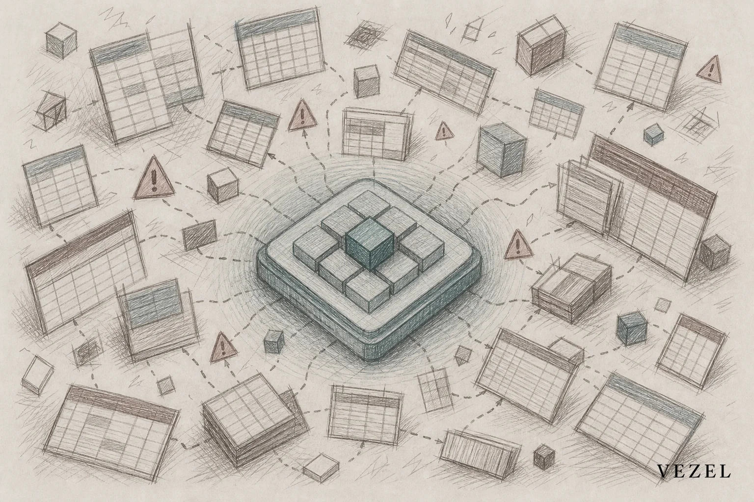 Illustration showing scattered disconnected tools and a warning symbol representing shadow IT sprawl. sketch, hand-drawn line art pencil sketch with crosshatching, scattered disconnected boxes and spreadsheet-like grids floating chaotically