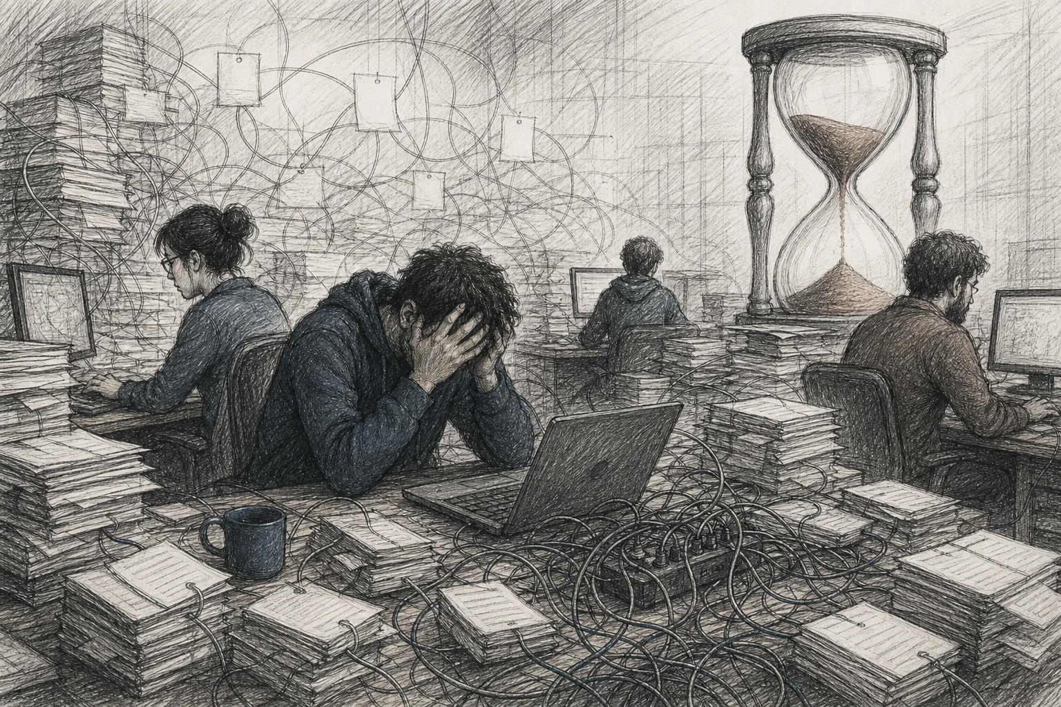 A sketch-style illustration of an engineering team buried in overlapping one-off project tickets, representing the hidden cost of custom development for enterprise SaaS requests. sketch, hand-drawn line art pencil sketch with crosshatching