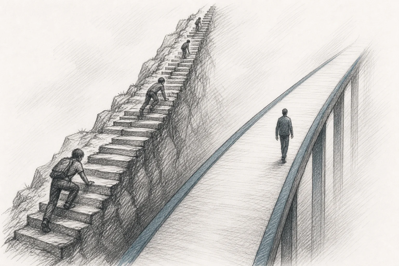 A sketch-style illustration of two contrasting paths, a steep rising staircase versus a flat elevated walkway, symbolizing linear custom-dev cost scaling versus flat extensibility platform cost scaling. sketch, hand-drawn line art pencil