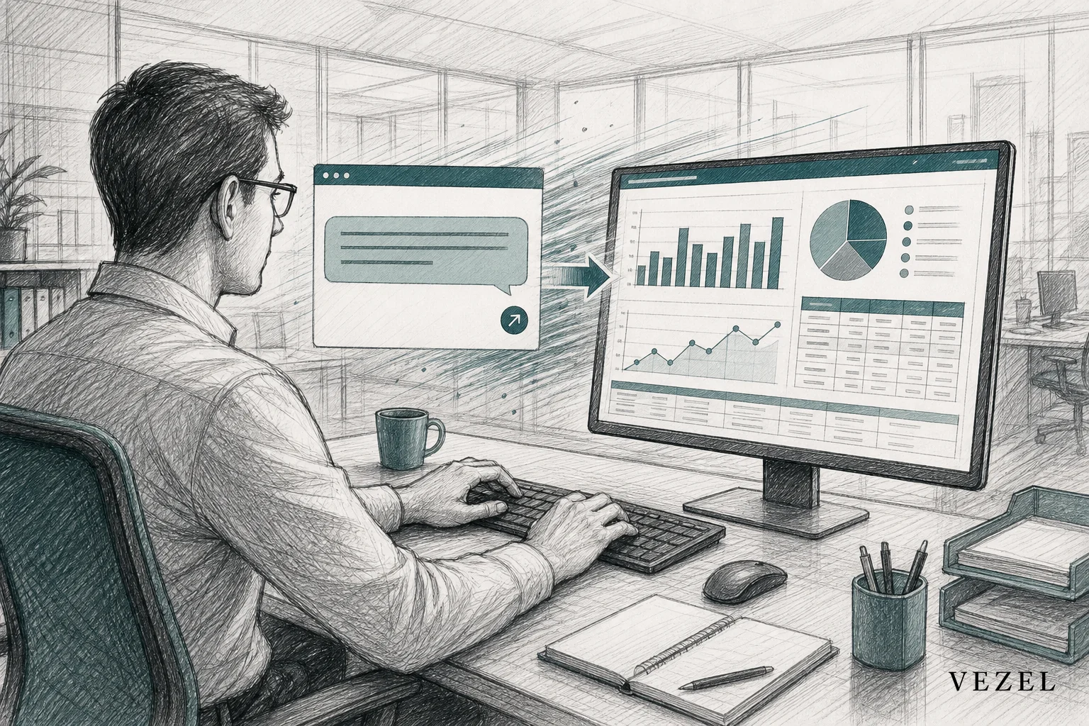 Sketch of a claims administrator building a report through a plain english interface. sketch, hand-drawn line art with crosshatching, minimal color accents in #38555e and #768d8c, depicting a person at a desk typing a plain language request