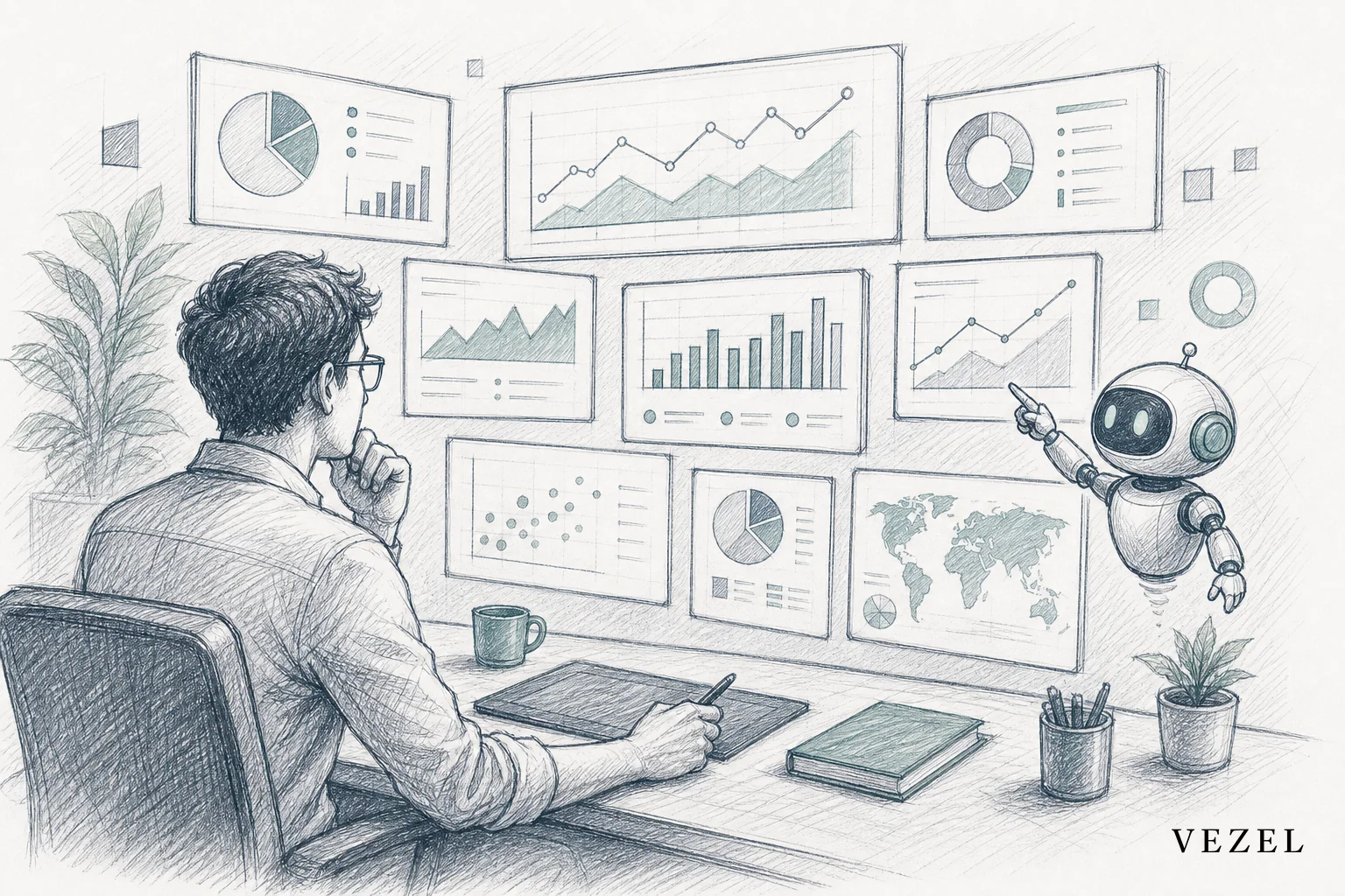 sketch, hand-drawn line art with pencil crosshatching, minimal color using slate blue #2a4055 and soft green-gray #768d8c accents, illustration of a person at a desk reviewing multiple floating dashboard panels and charts generated around