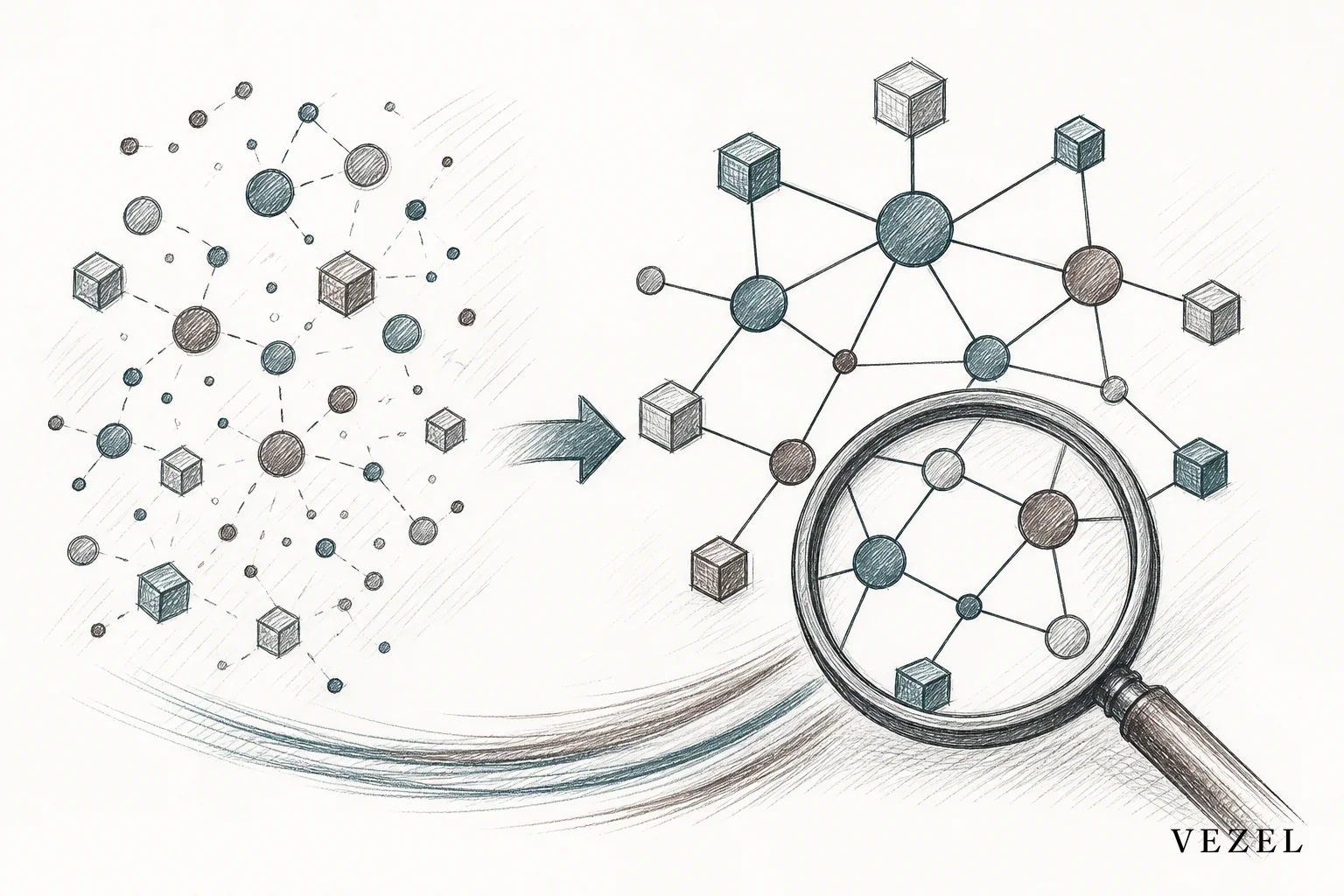 Sketch of API endpoints being mapped into a connected data graph. sketch, hand-drawn line art with pencil crosshatching, minimal color using dark teal #38555e and muted brown #64524d accents, illustration of scattered API endpoint nodes