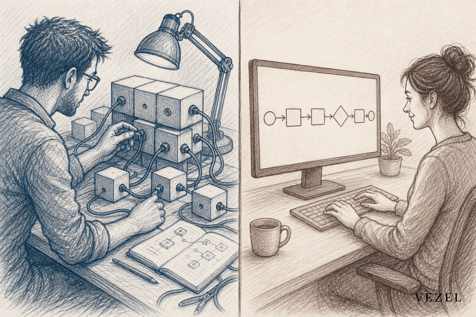 A sketch comparing an engineer assembling modular pieces versus a business user typing into a product. Sketch style hand-drawn line art, pencil crosshatching, minimal color palette using #2a4055 and #64524d. Split scene: on one side an