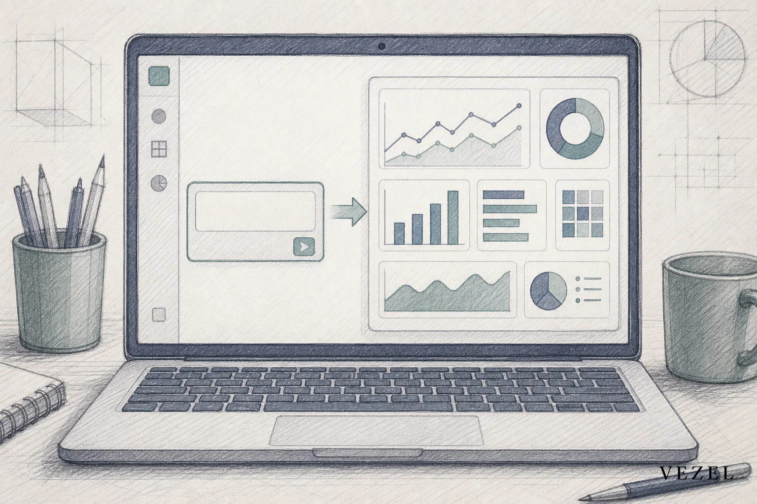 Sketch style hand-drawn line art, pencil crosshatching, minimal color palette of #70828c and #768d8c with muted navy accents. Illustration of a laptop screen showing a software interface where a text input box sits beside a newly forming