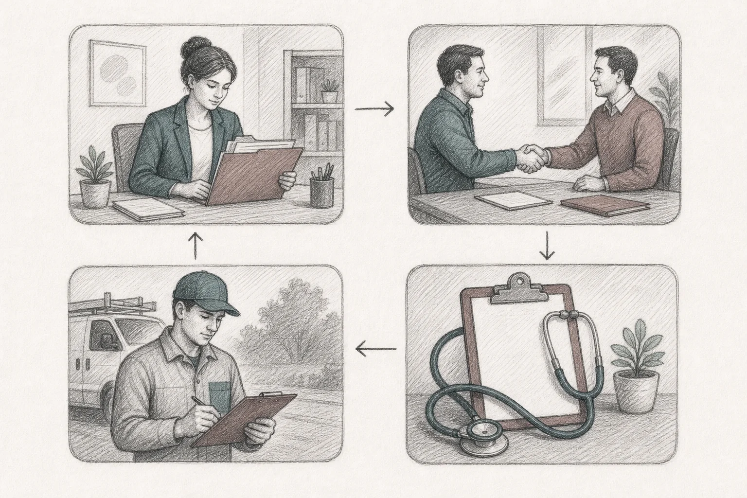 Hand-drawn sketch grid showing approval workflow use cases across HR, CRM, field operations, and healthcare industries