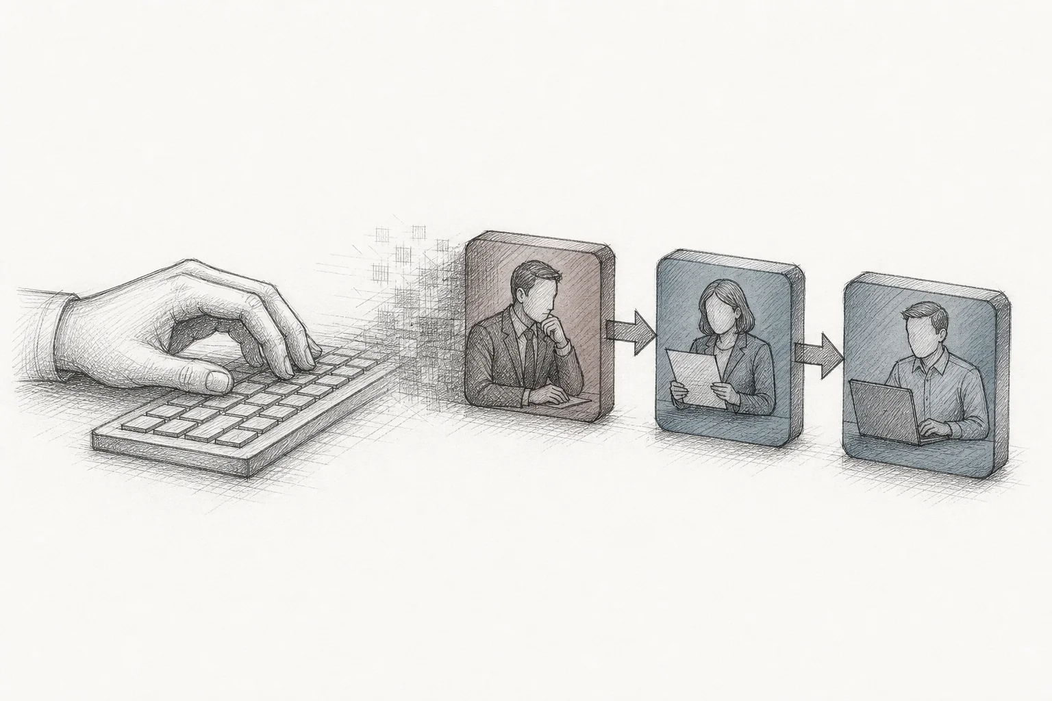 Hand-drawn sketch of a plain-English prompt transforming into a sequence of connected approval workflow steps