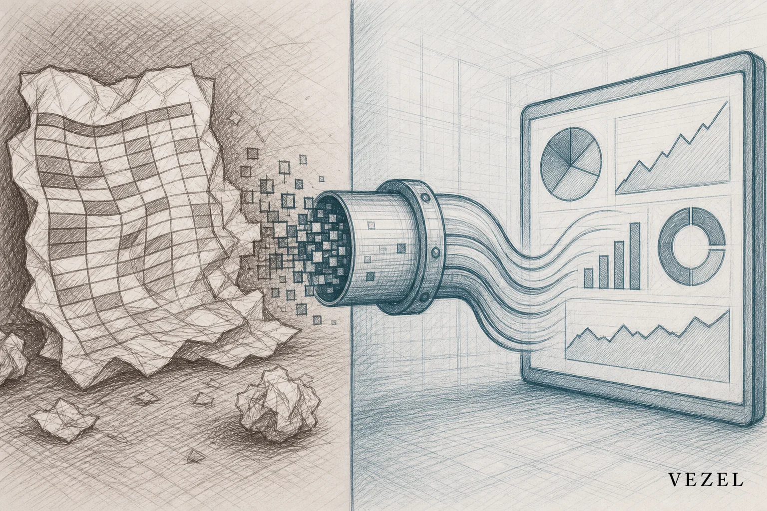 Sketch of broken CSV file versus flowing live data pipe. sketch, hand-drawn line art pencil sketch with crosshatching, split composition showing a crumpled stale spreadsheet on one side and a smooth flowing data pipe on the other side
