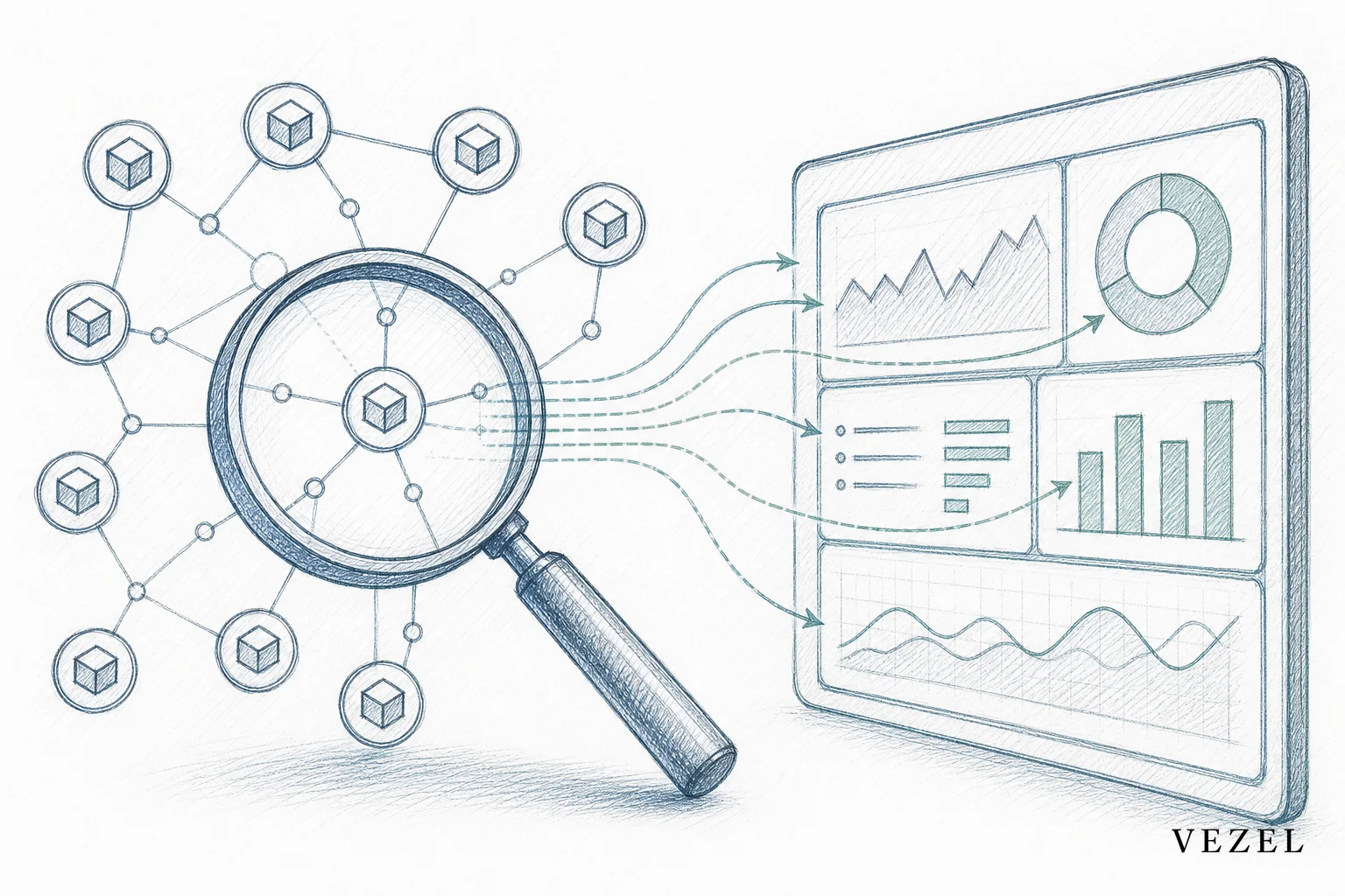 Sketch of auto-discovery mapping API endpoints to a dashboard. sketch, hand-drawn line art pencil sketch with crosshatching, illustration of a magnifying glass scanning a network of connected API endpoint nodes and automatically drawing