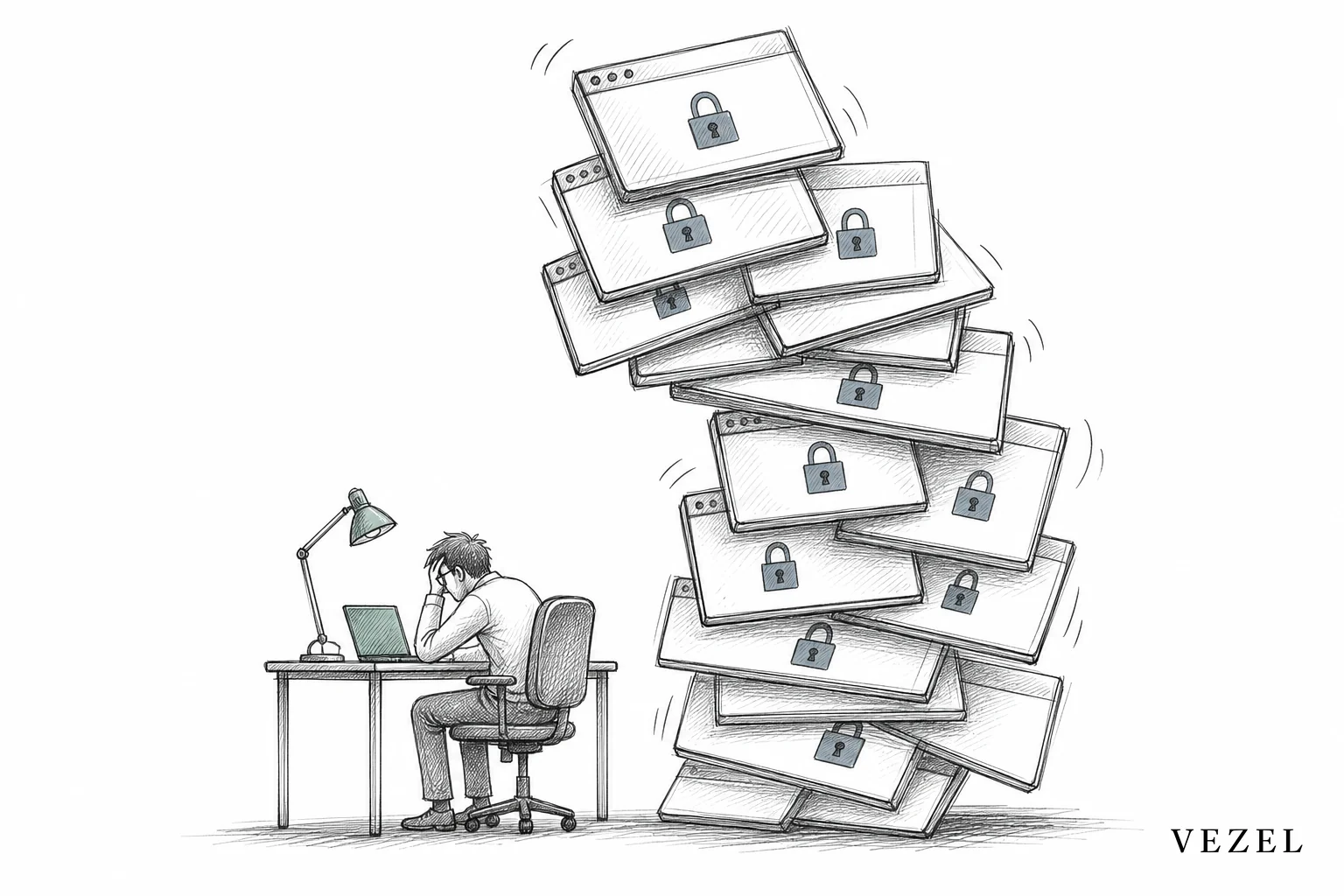 sketch, hand-drawn line art with pencil crosshatching, minimal color accents in #70828c and #768d8c, a small seated engineer figure at a desk surrounded by a tall leaning stack of browser window rectangles, each window containing a tiny